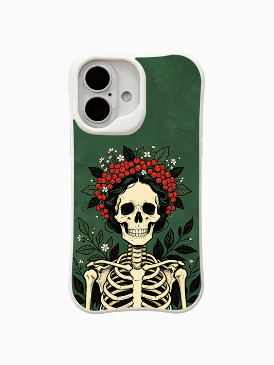 PhoneCasing Red Berry Queen fine art iPhone 16 Case, original Morrigan Vale old-school goth tattoo design featuring crowned skeleton with red berry & tiny white wildflower wreath against vintage deep forest green textured backdrop, scratch resistant glossy iPhone 16 casing made in California