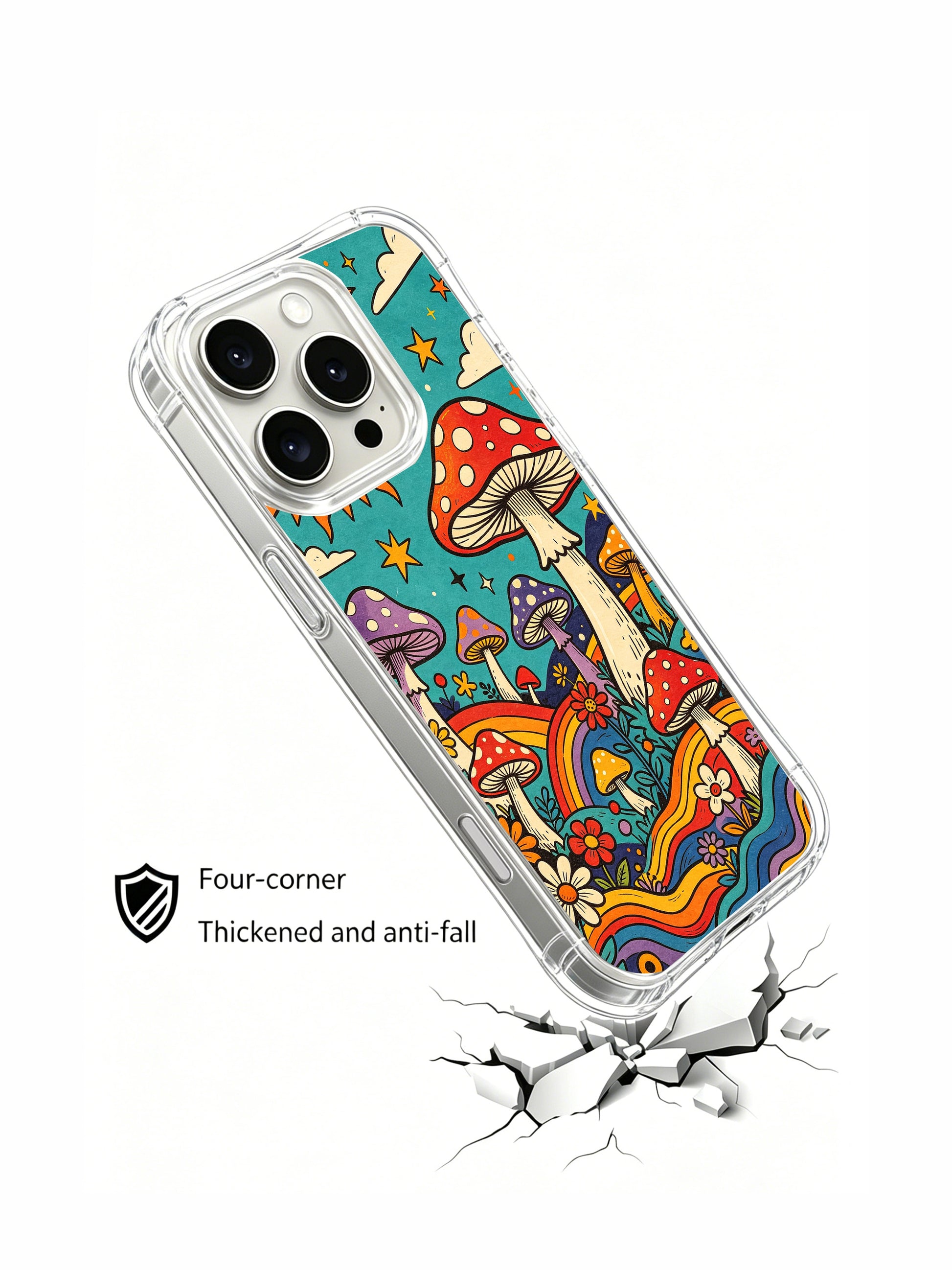 PhoneCasing iPhone 16 pro max Case, gallery-quality printed bespoke casing centered on large red polka-dot fly agaric mushrooms surrounded by layered colorful fungi, USA made premium protective art casing