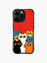 PhoneCasing iPhone 16 pro max case featuring colorful cats against a vibrant red background, whimsical art by Mimi Colorfield.