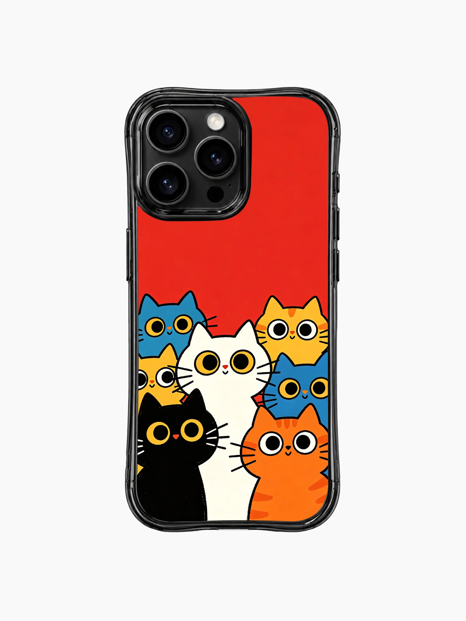 PhoneCasing iPhone 16 pro max case featuring colorful cats against a vibrant red background, whimsical art by Mimi Colorfield.