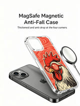 Rooster surrounded by hypnotic red sound waves artwork on an iPhone 13 case
