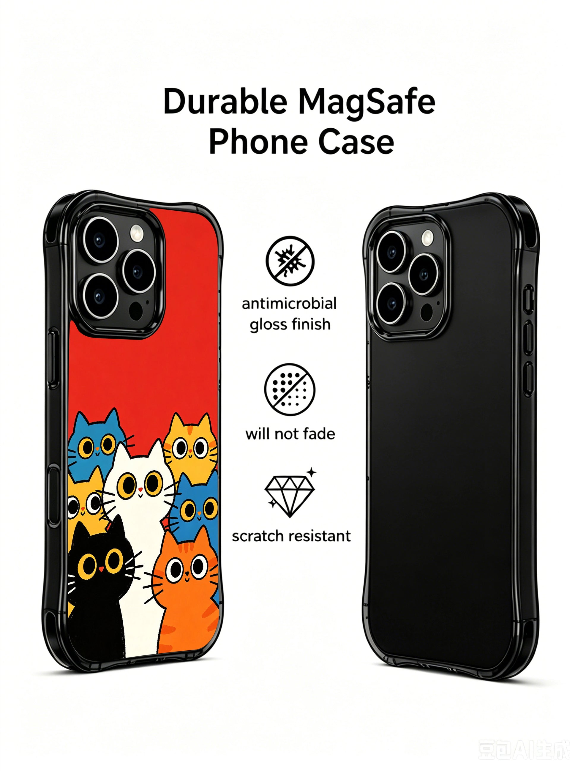 PhoneCasing iPhone 16 pro max clear case showing playful cats on a vivid red background, full of positive energy.