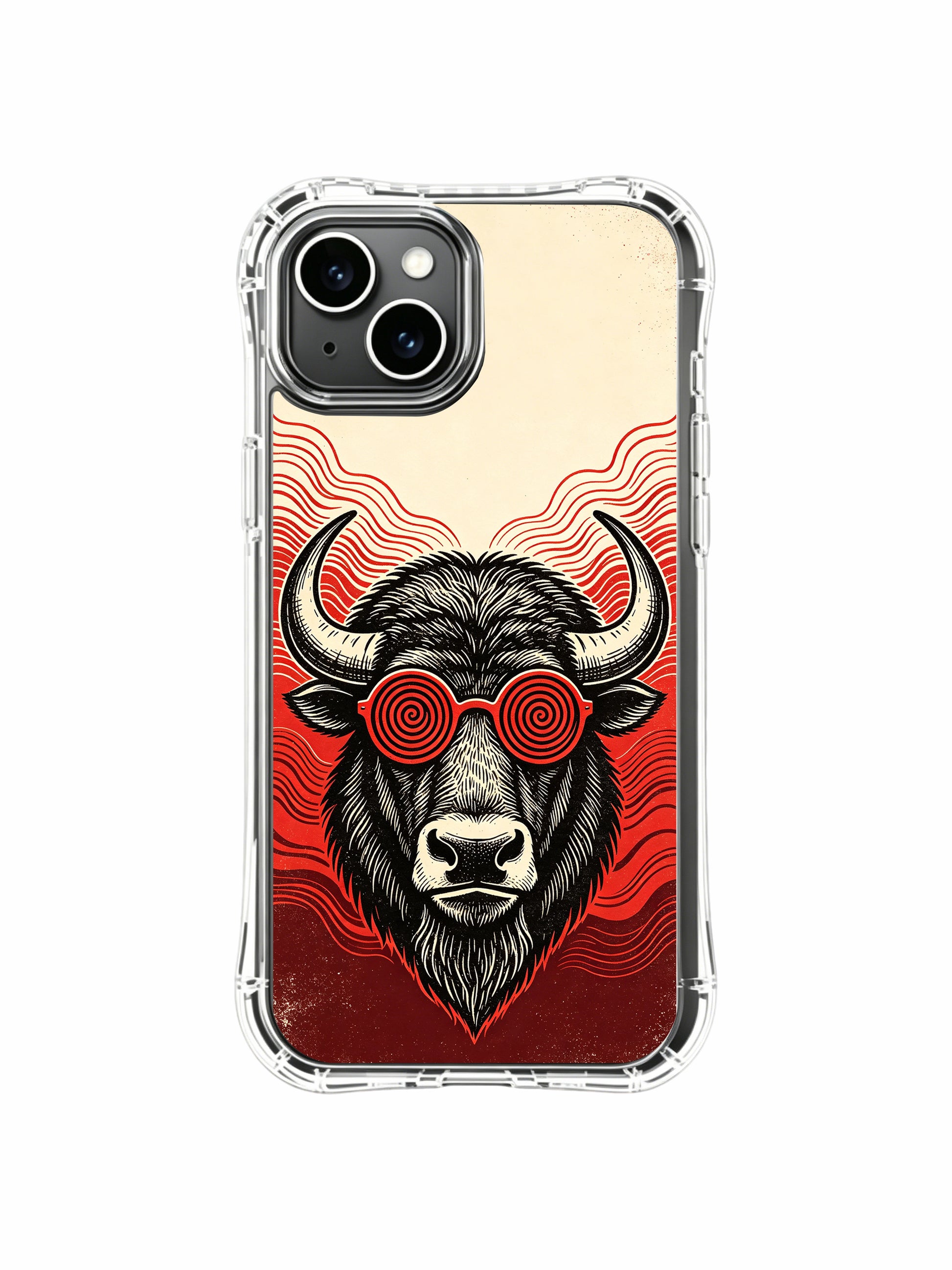 Red spiral lens bison collector gift design on PhoneCasing iPhone 13 Case, limited Rufus Vale collaboration luxury art phone case handmade in California factory.