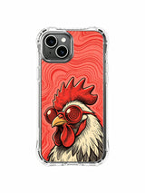 Red morning rock rooster portrait artwork on an iPhone 13 case