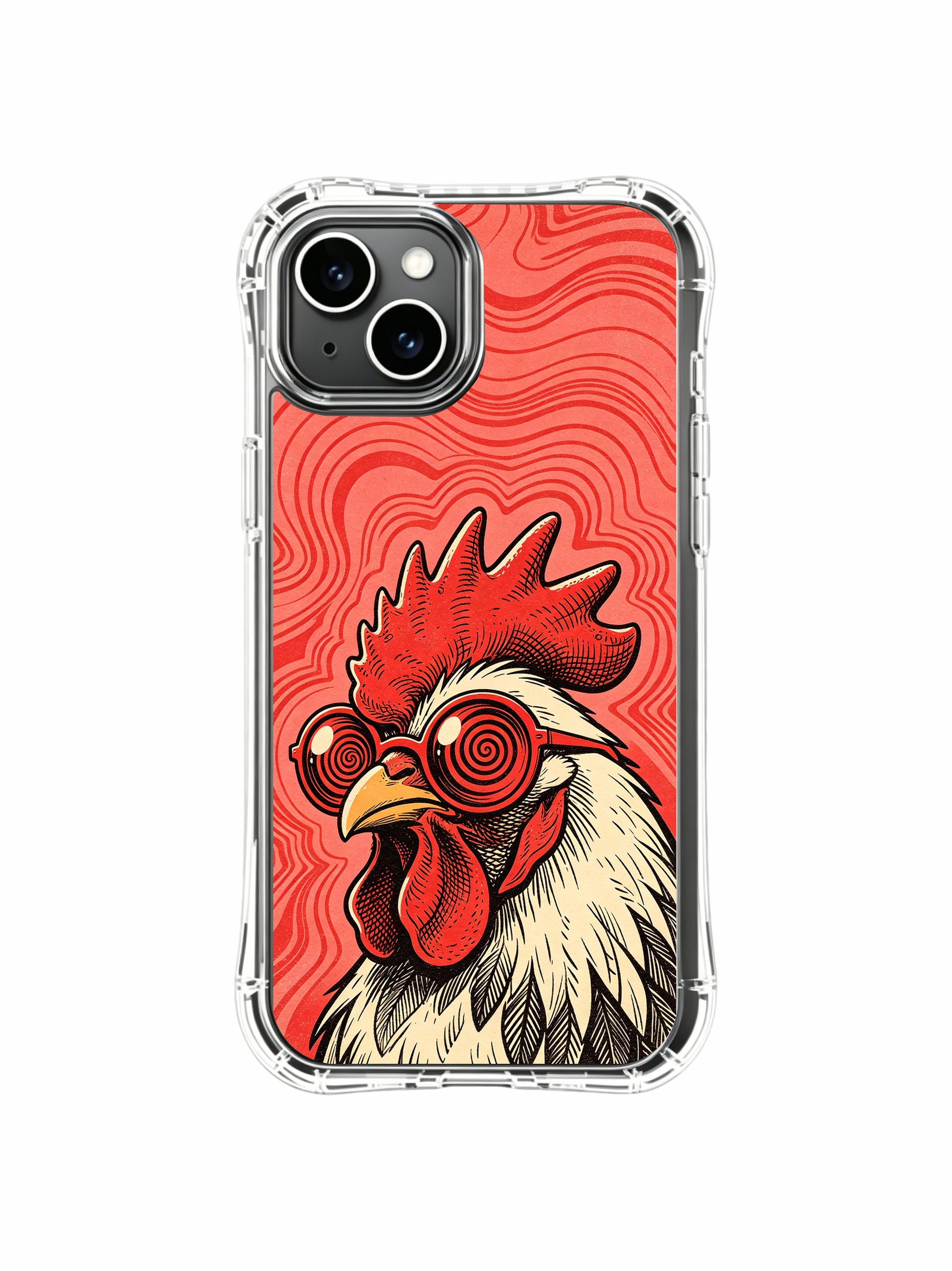 Iconic red dawn rock DJ rooster collector artwork by Rufus Vale on PhoneCasing iPhone 13 Case, limited-edition handmade art phone casing shipped directly from California USA.