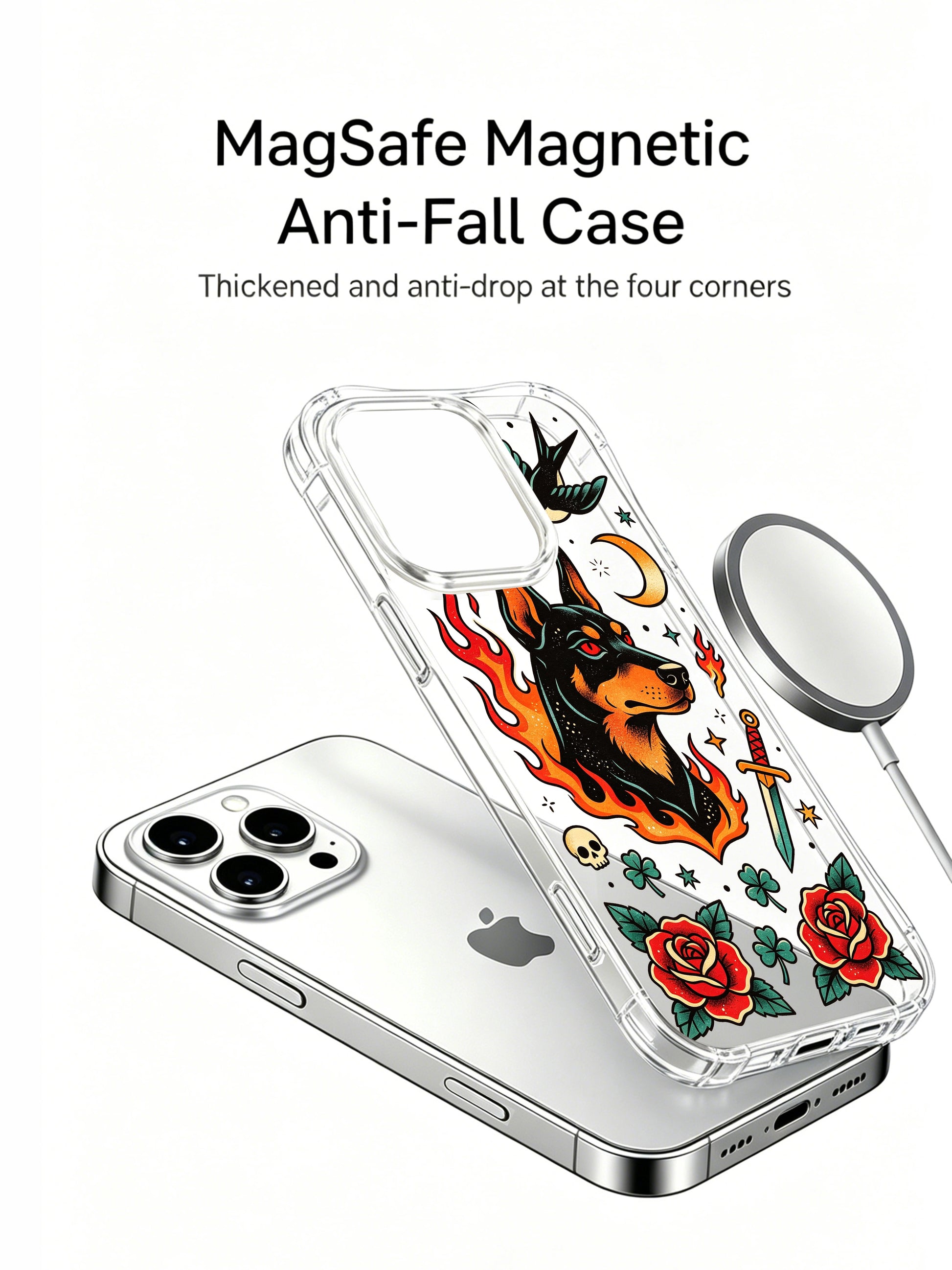 PhoneCasing iPhone 15 pro Case with limited-edition lucky charm doberman illustration, classic old school floral tattoo print, luxury personalized art phone casing made in USA.