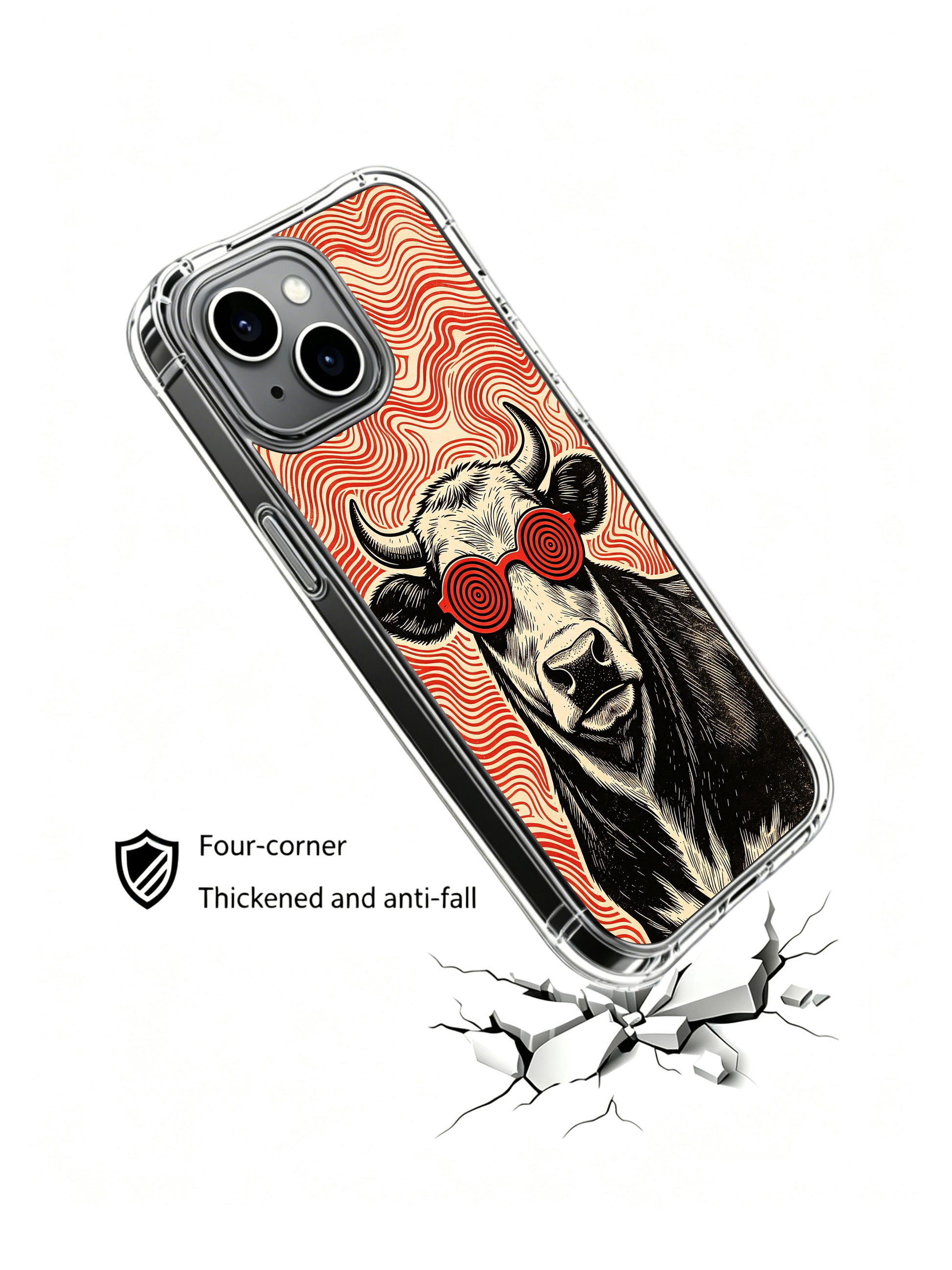 Hypnotic crimson spiral lens farm cow original Rufus Vale illustration for PhoneCasing iPhone 13 Case, exclusive curated fine art accessory made in our California workshop.