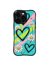 PhoneCasing iPhone 16 pro Case featuring glowing cream spotlight daisies scattered across diagonal signal stripes from Ruby Daze Red Stripe Daisy Signal, wavy black frame premium art casing for iPhone 16 pro.