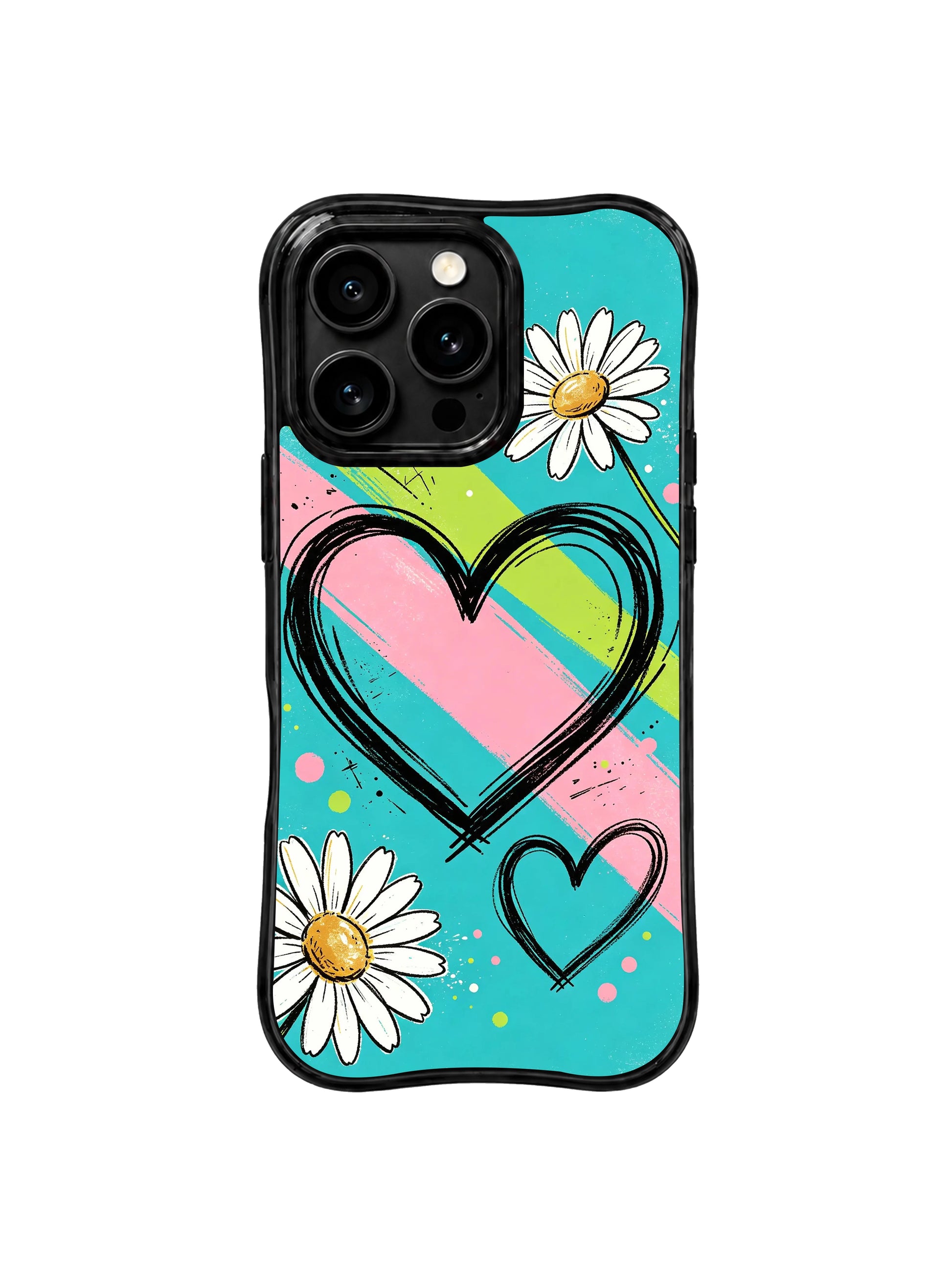 PhoneCasing iPhone 16 pro Case with striking vivid diagonal stripe daisy sketch graphics themed on bold passion and unmissable self-courage, Ruby Daze Daisy Love Riot printed wavy art casing.