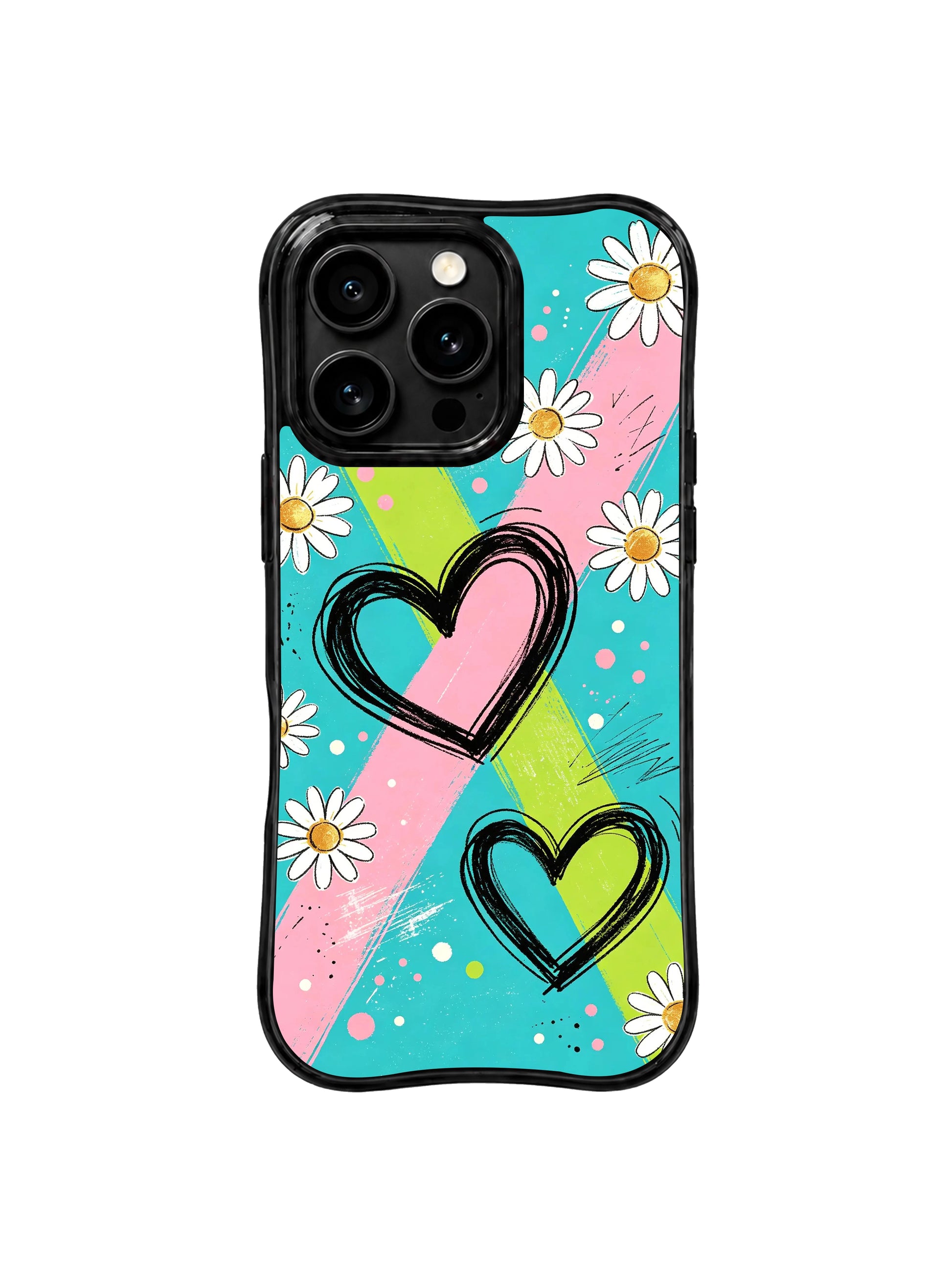 PhoneCasing iPhone 16 pro Case with soft uneven organic hand-drawn sketch outlines around cream daisy petals, Ruby Daze handmade retro punk journal art, gallery-grade wavy print casing.