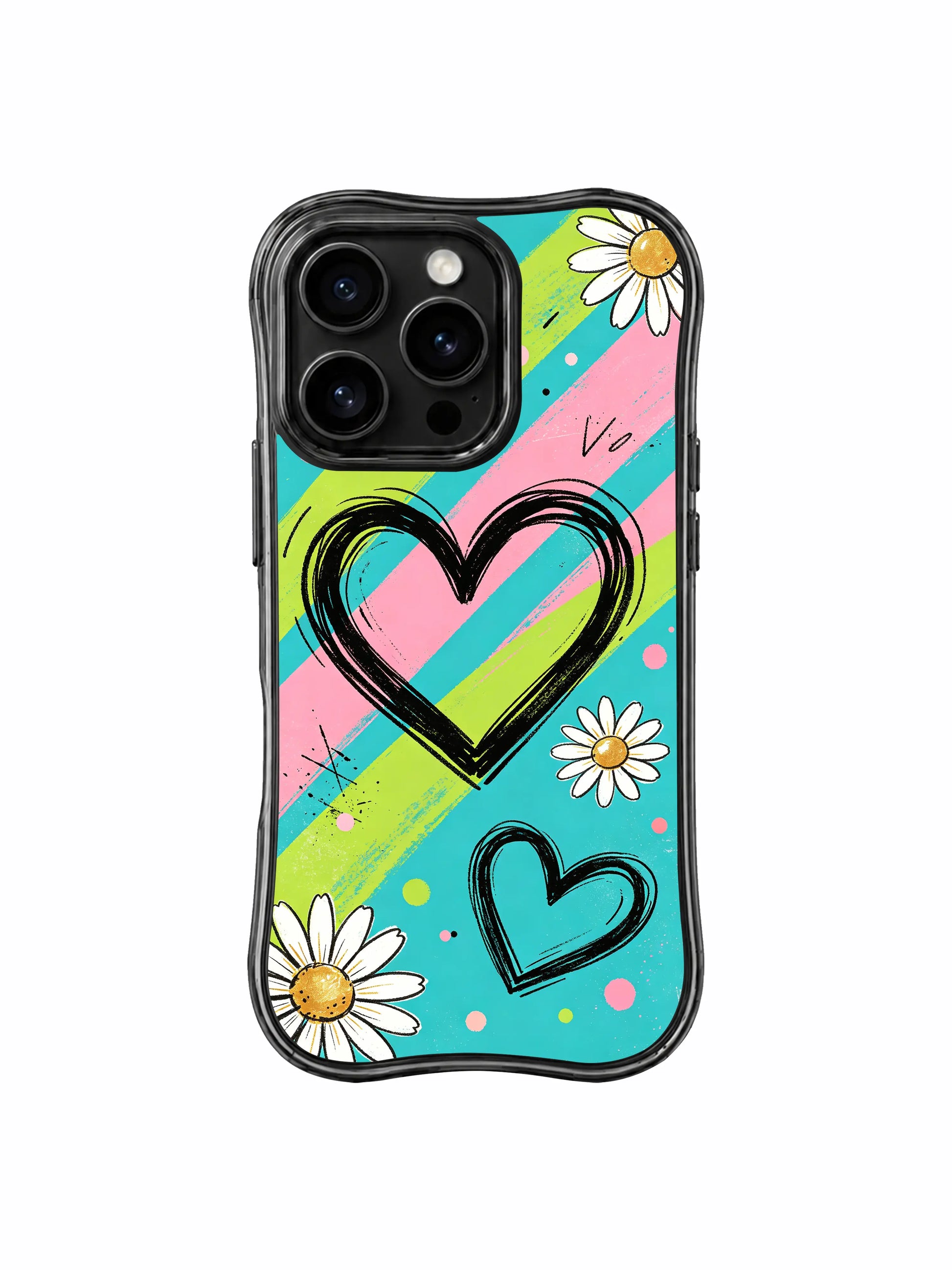 PhoneCasing iPhone 16 pro Case featuring glowing cream spotlight daisies scattered across diagonal signal stripes from Ruby Daze Red Stripe Daisy Signal, wavy black frame premium art casing for iPhone 16 pro.