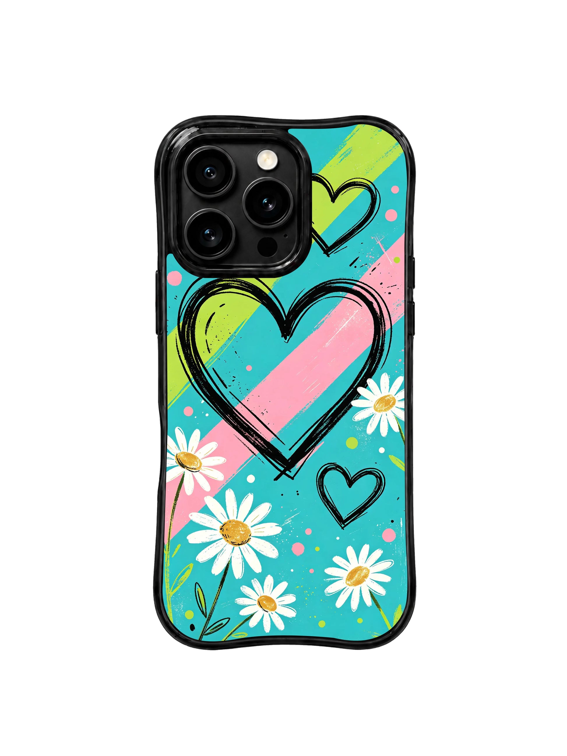 PhoneCasing iPhone 16 pro Case with playful bright candy stripe palette paired with raw retro punk sketch heart daisy artwork, Ruby Daze Red Stripe Daisy Signal signature pop print, premium wearable wavy black floral casing.
