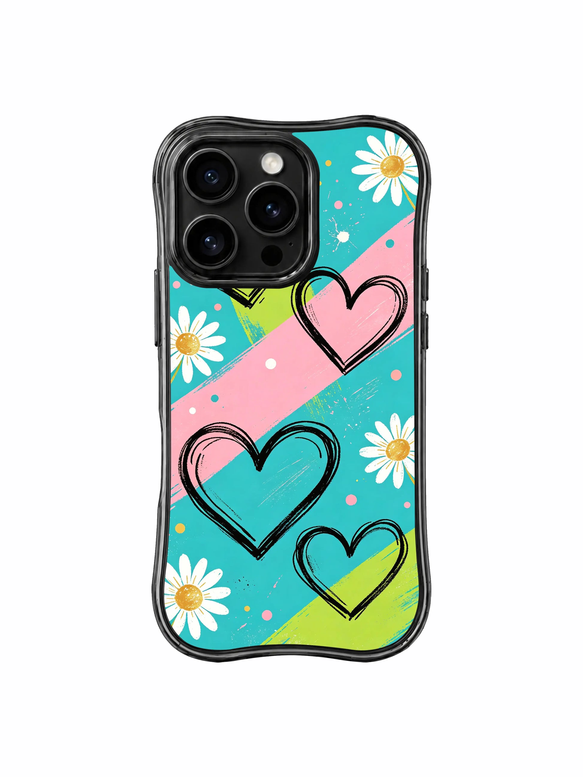 PhoneCasing iPhone 16 pro Case with full-bleed layered traffic signal diagonal stripe daisy and sketch heart layout, Ruby Daze bold high-impact punk design, slim lightweight wavy premium case.