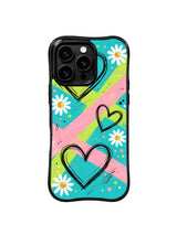 PhoneCasing iPhone 16 pro Case with full-bleed layered traffic signal diagonal stripe daisy and sketch heart layout, Ruby Daze bold high-impact punk design, slim lightweight wavy premium case.