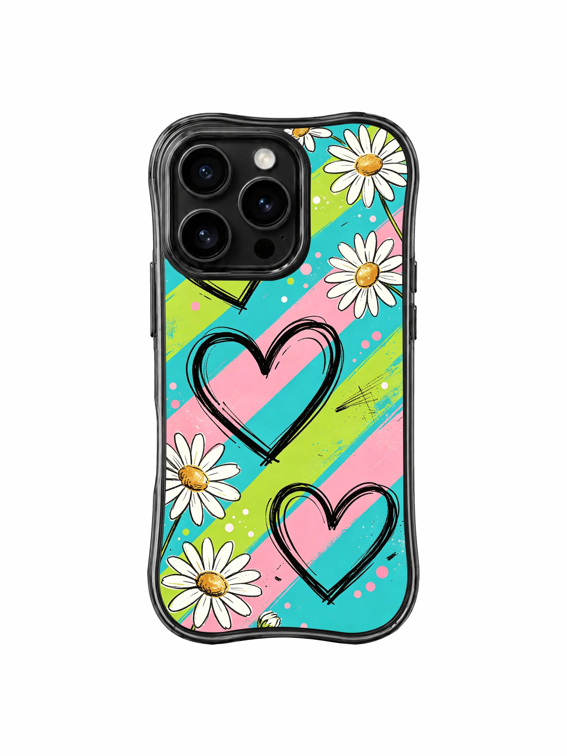 PhoneCasing iPhone 16 pro Case with tiny scattered colorful paint splatter dot accents across mint pink lime diagonal stripes, playful Ruby Daze Red Stripe Daisy Signal punk floral design, stylish women’s wavy phone casing.