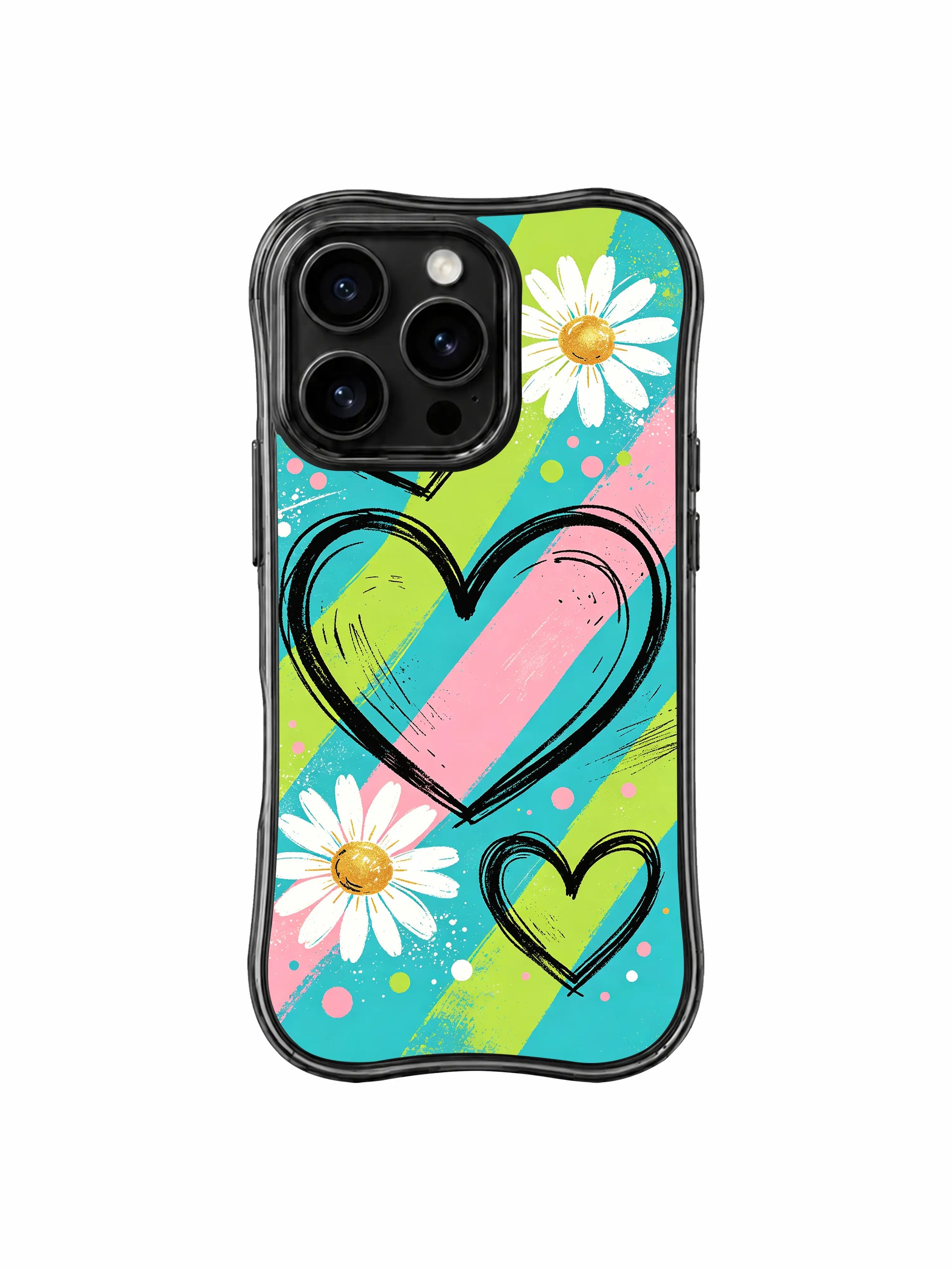 PhoneCasing iPhone 16 pro Case with striking vivid diagonal stripe daisy sketch graphics themed on bold passion and unmissable self-courage, Ruby Daze Daisy Love Riot printed wavy art casing.