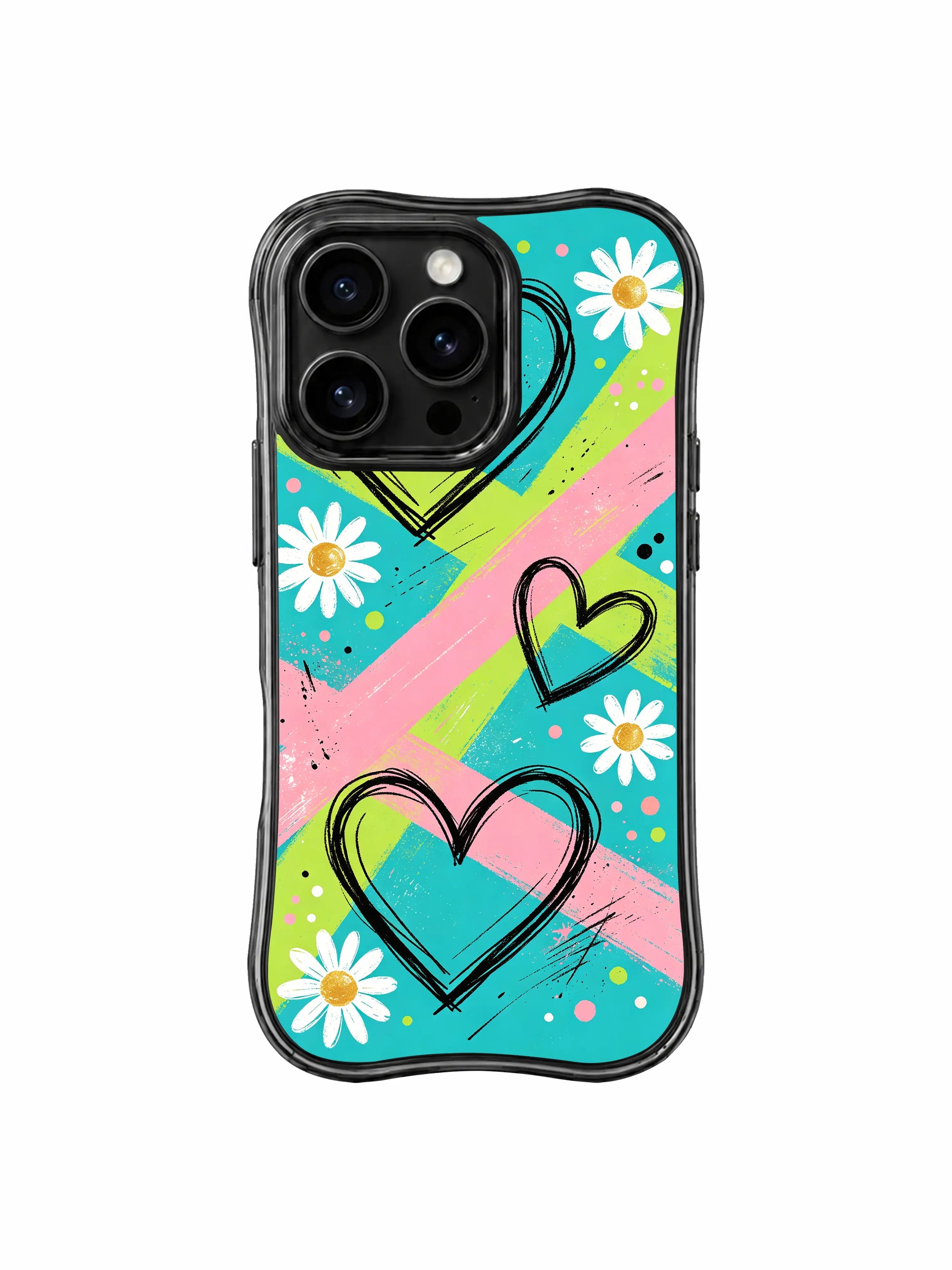 PhoneCasing iPhone 16 pro Case with hybrid street punk and teen notebook journal diagonal stripe daisy composition, exclusive Ruby Daze artist collab design, heavy-duty wavy black protective art case.