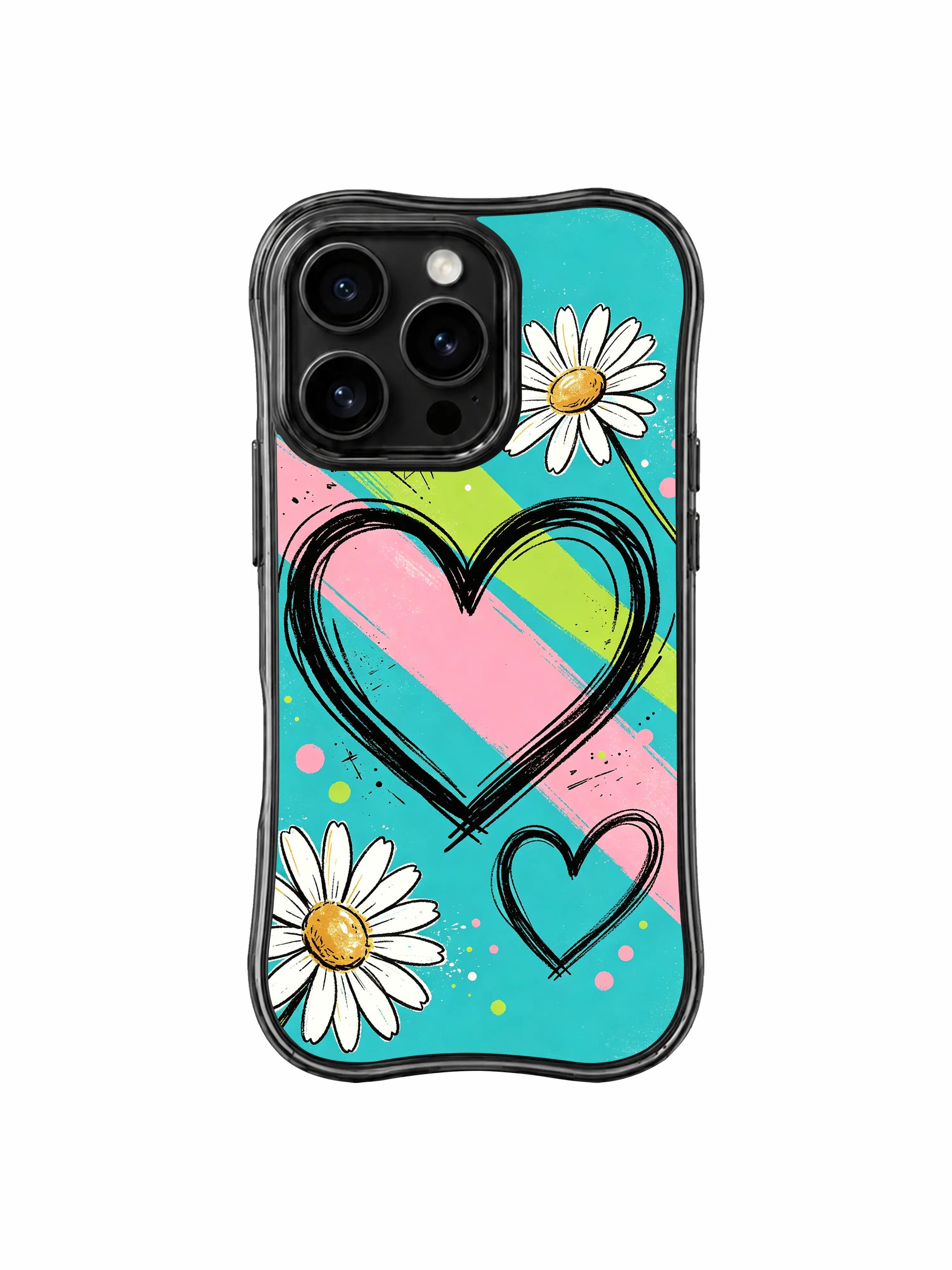 PhoneCasing iPhone 16 pro Case with thick hand-painted three-tone mint pink lime diagonal signal stripe segments, Ruby Daze Red Stripe Daisy Signal sketch illustration, tough wavy premium phone casing.