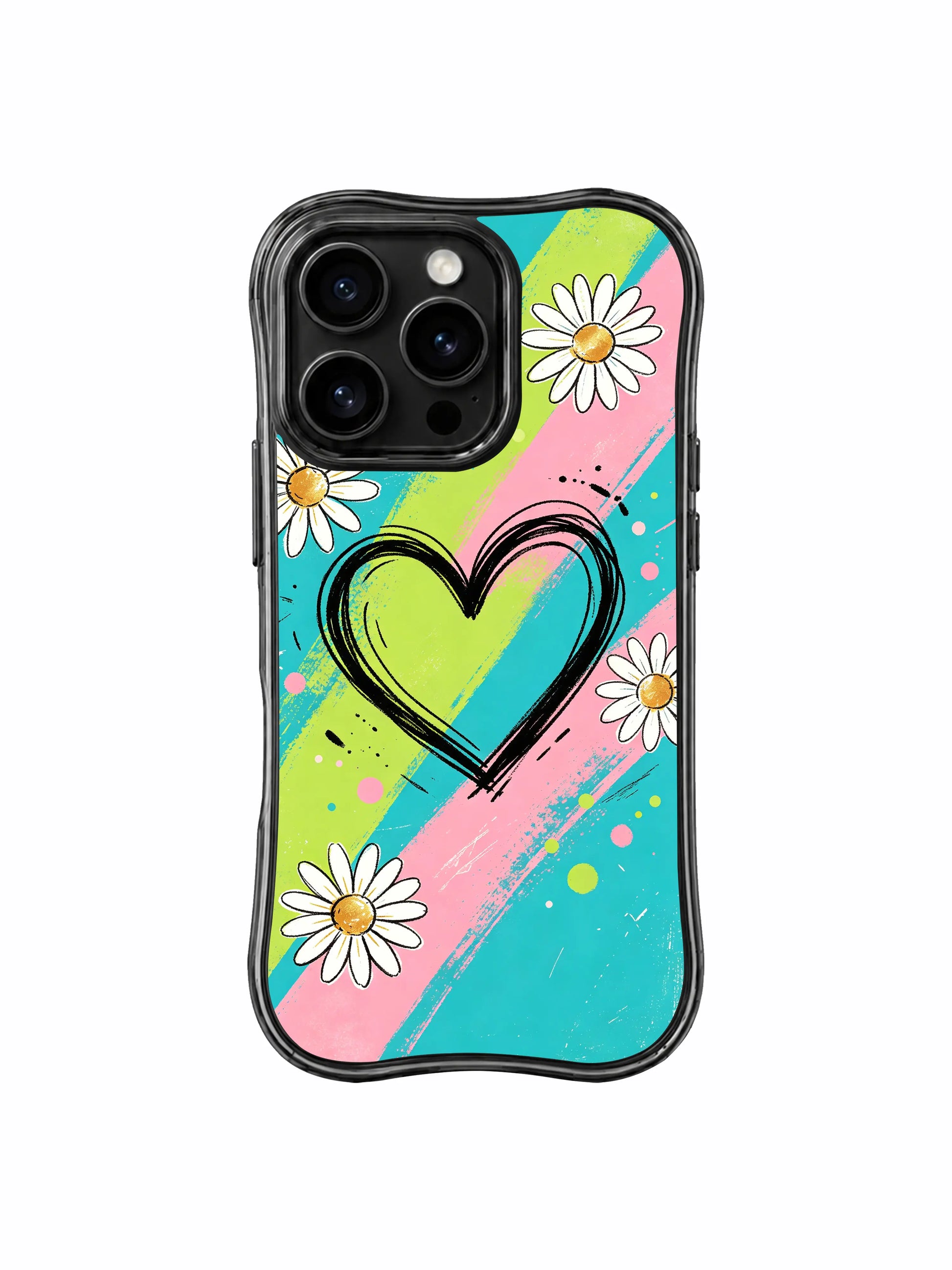 PhoneCasing iPhone 16 pro Case with raw imperfect messy hand sketch brush edges on every bright diagonal stripe, exclusive Ruby Daze Red Stripe Daisy Signal wearable wavy frame art.