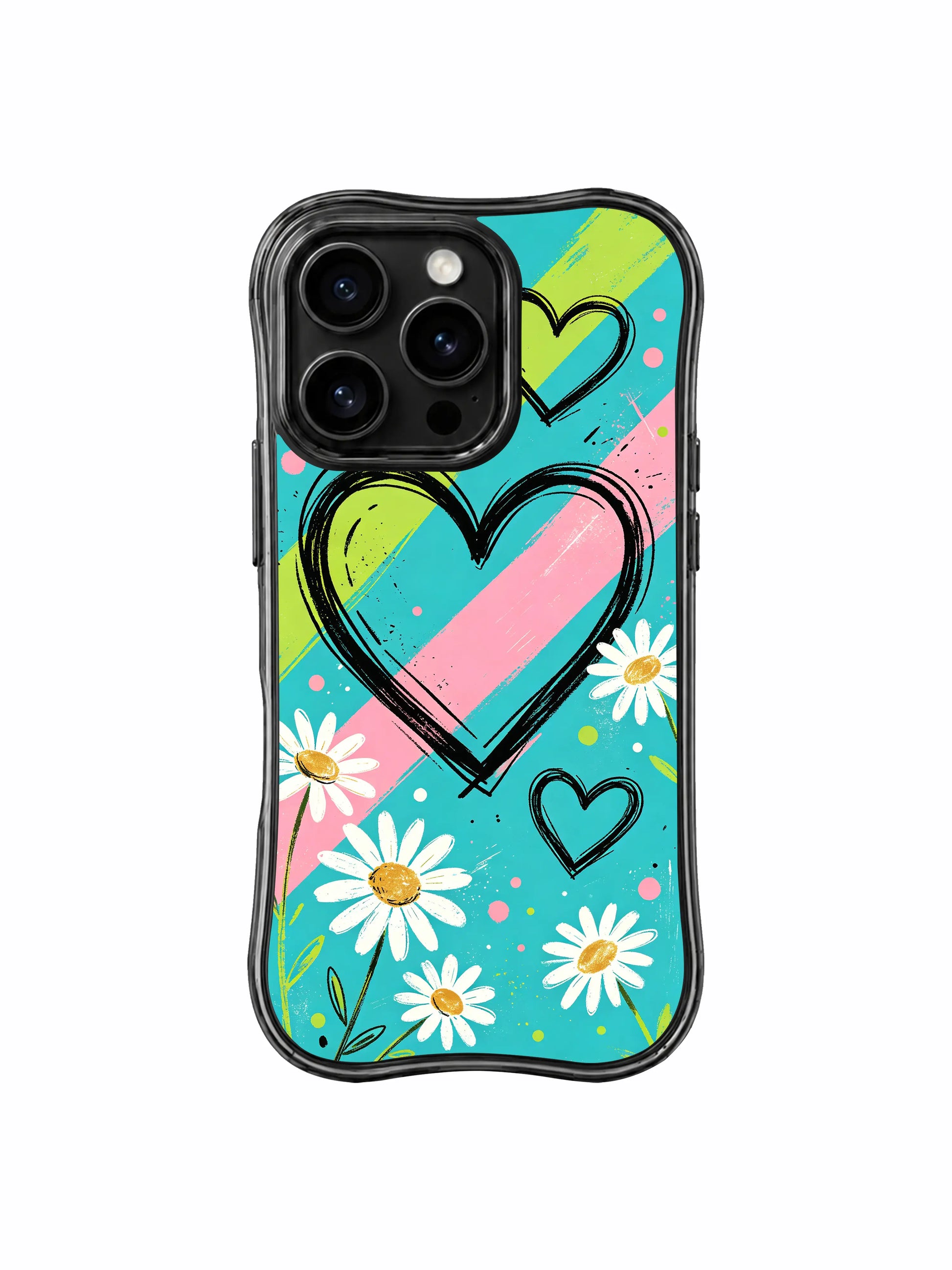 PhoneCasing iPhone 16 pro Case with raw imperfect messy hand sketch brush edges on every bright diagonal stripe, exclusive Ruby Daze Red Stripe Daisy Signal wearable wavy frame art.
