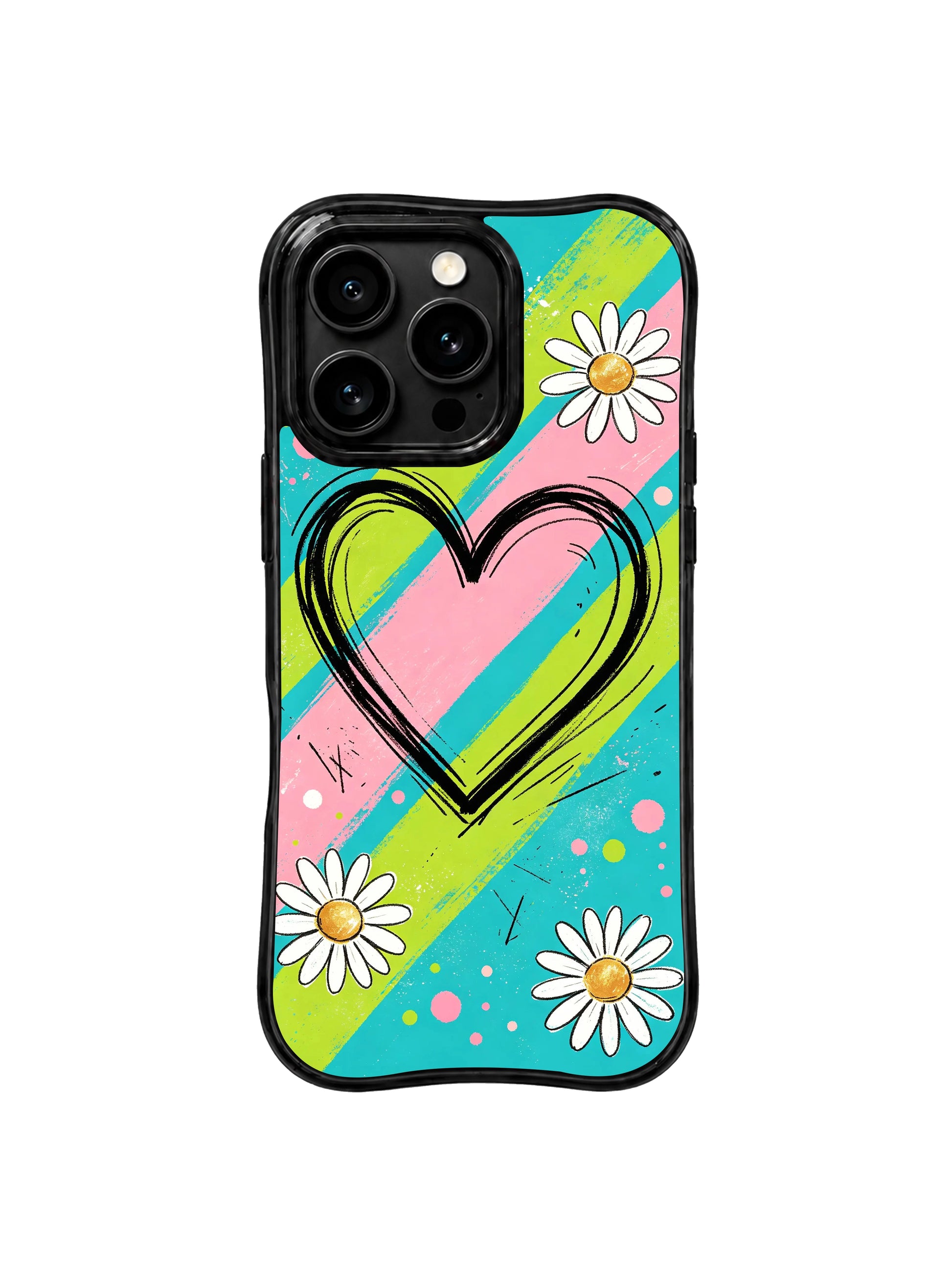 PhoneCasing iPhone 16 pro Case with hybrid street punk and teen notebook journal diagonal stripe daisy composition, exclusive Ruby Daze artist collab design, heavy-duty wavy black protective art case.