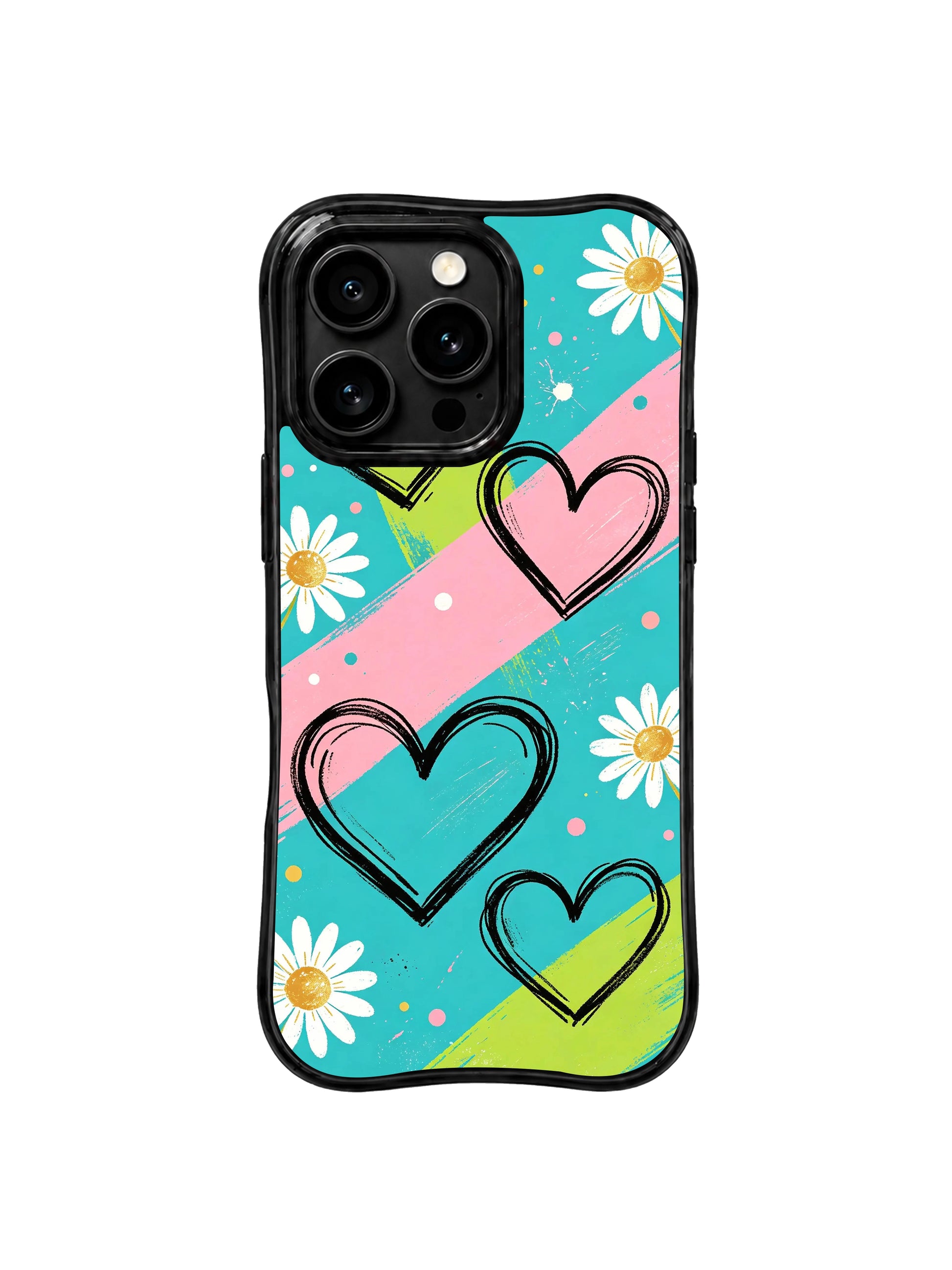 PhoneCasing iPhone 16 pro Case with thick hand-painted three-tone mint pink lime diagonal signal stripe segments, Ruby Daze Red Stripe Daisy Signal sketch illustration, tough wavy premium phone casing.