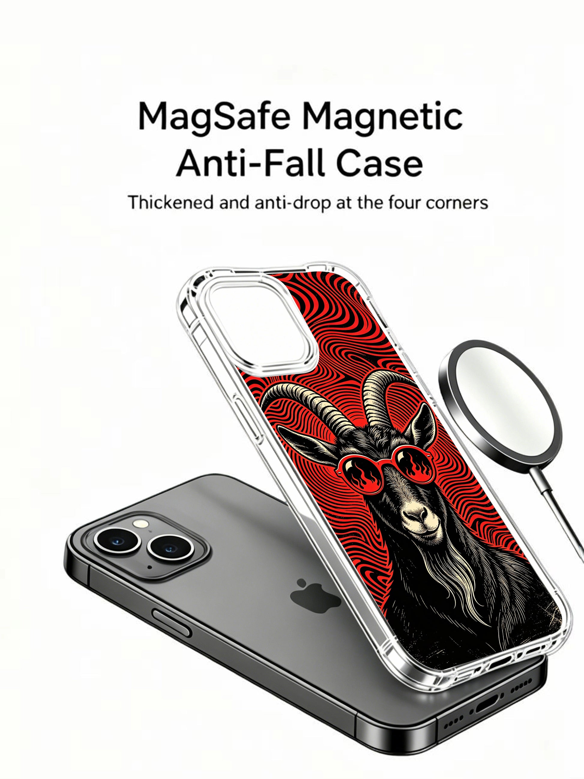 Swirling crimson psychedelic ripple background matching underground rock vibe of Rufus Vale’s calm edgy black goat on PhoneCasing iPhone 13 Case, gallery-quality printed premium art case from California factory.