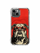 Bulldog against crimson organic waves artwork on an iPhone 13 case
