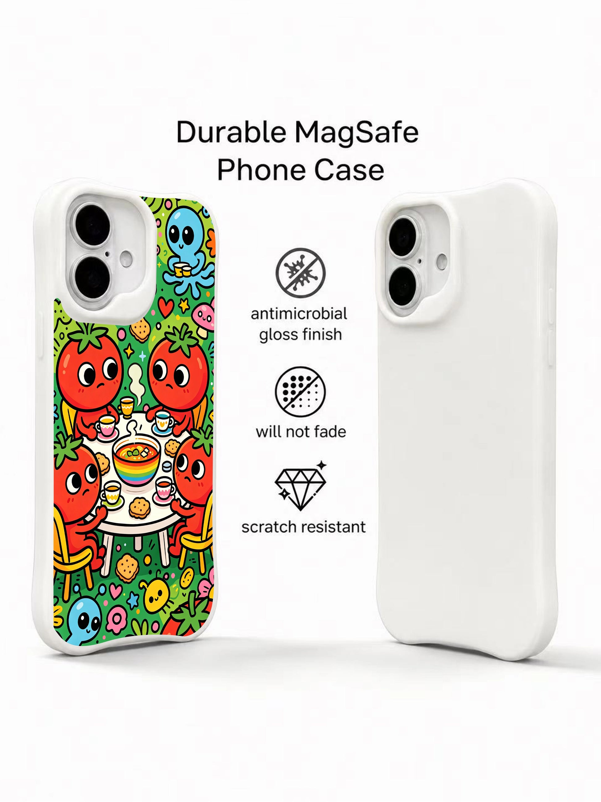 PhoneCasing red tomato creature iPhone 16 Plus Case, full-cover hand-drawn illustration, high quality iphone 16 plus casing made in California.