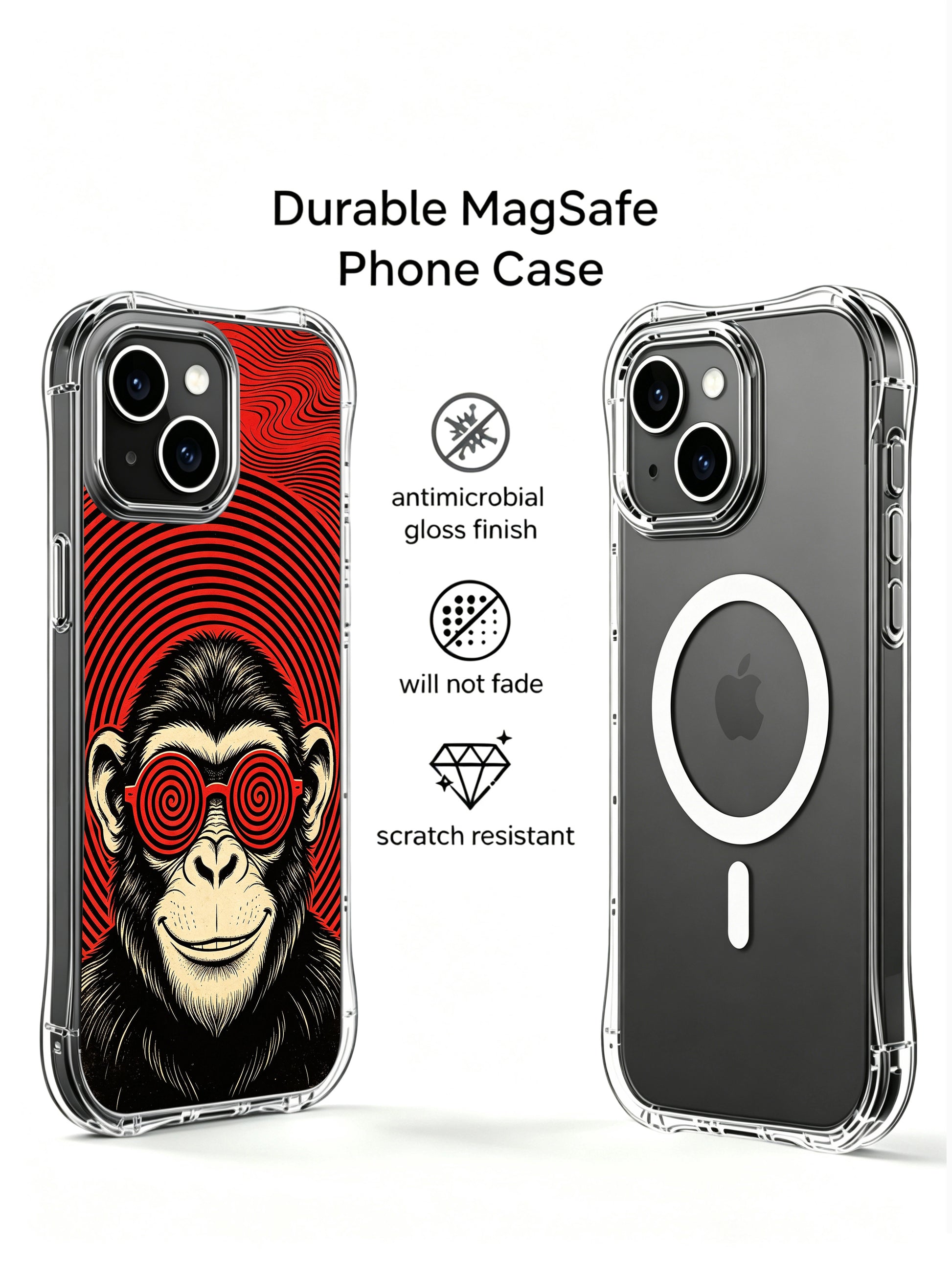 Classic woodcut print red distorted wavy psychedelic backdrop cheeky chimp illustration featured on PhoneCasing iPhone 13 Case, licensed premium art phone casing made in USA as unique retro collectible gift for vintage animal art fans.