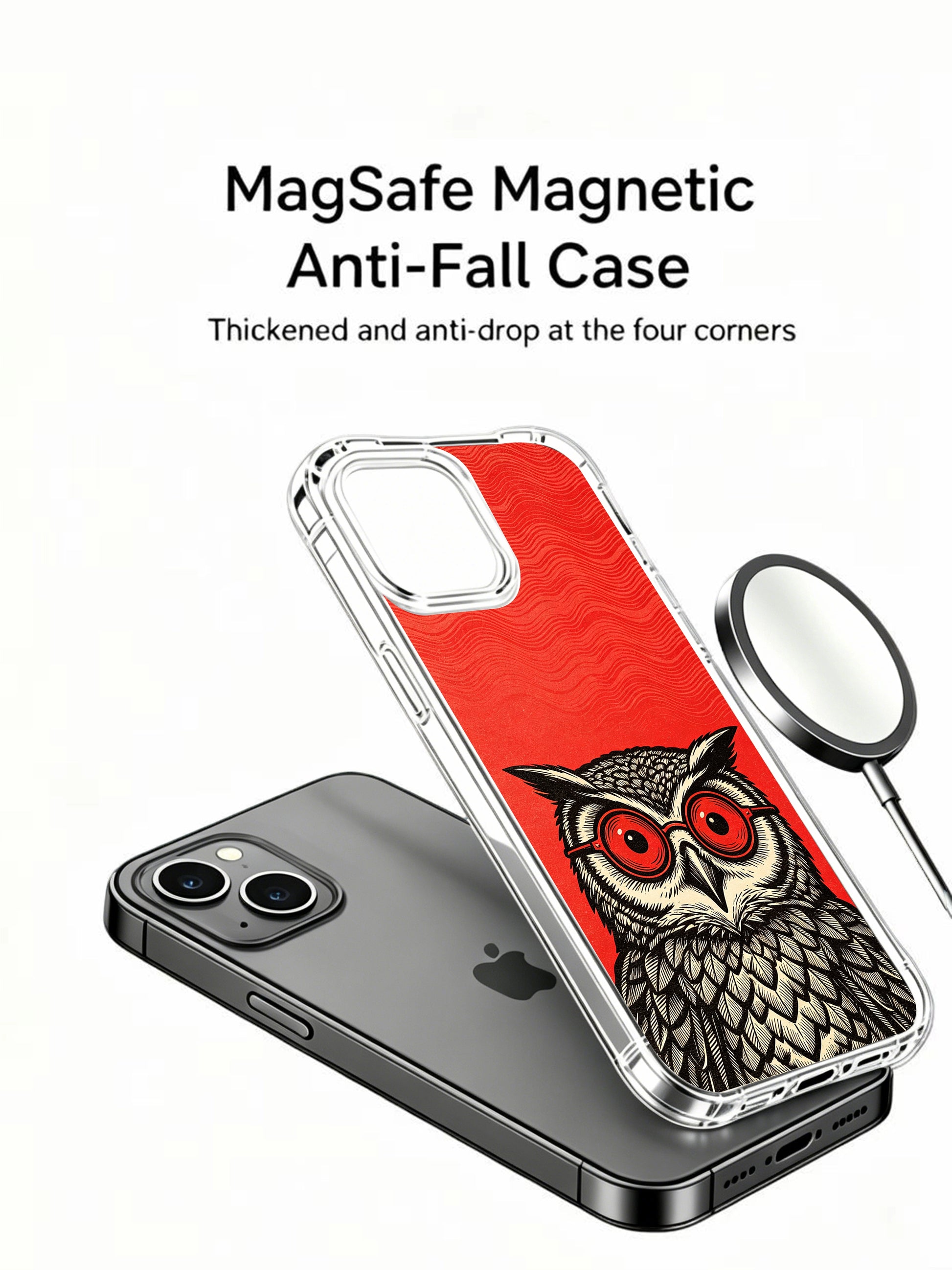 Textured crimson wavy red backdrop matching dreamland concept of Rufus Vale’s map-feather night owl on PhoneCasing iPhone 13 Case, fade-resistant printed art phone casing from California workshop.