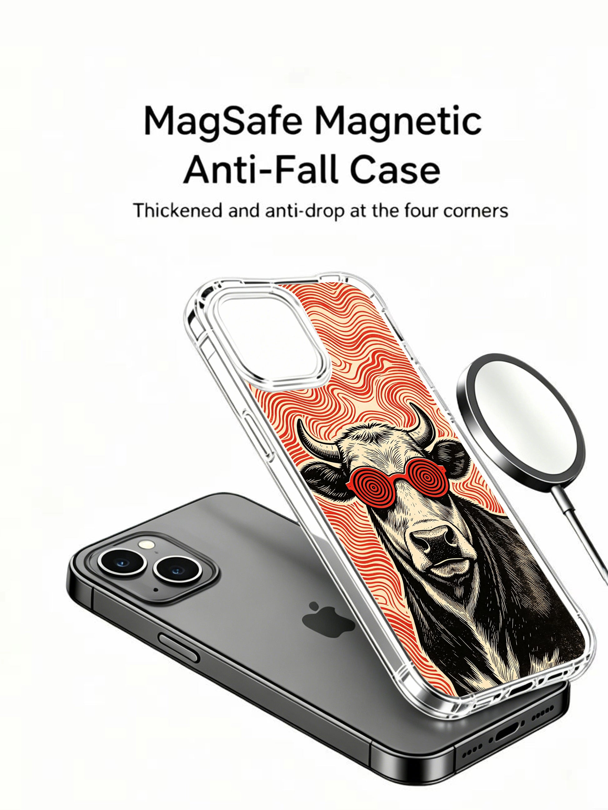 Swirling crimson rhythm wave background representing hidden music beats of Rufus Vale’s hypnotic cow on PhoneCasing iPhone 13 Case, gallery-quality printed premium art case from California factory.