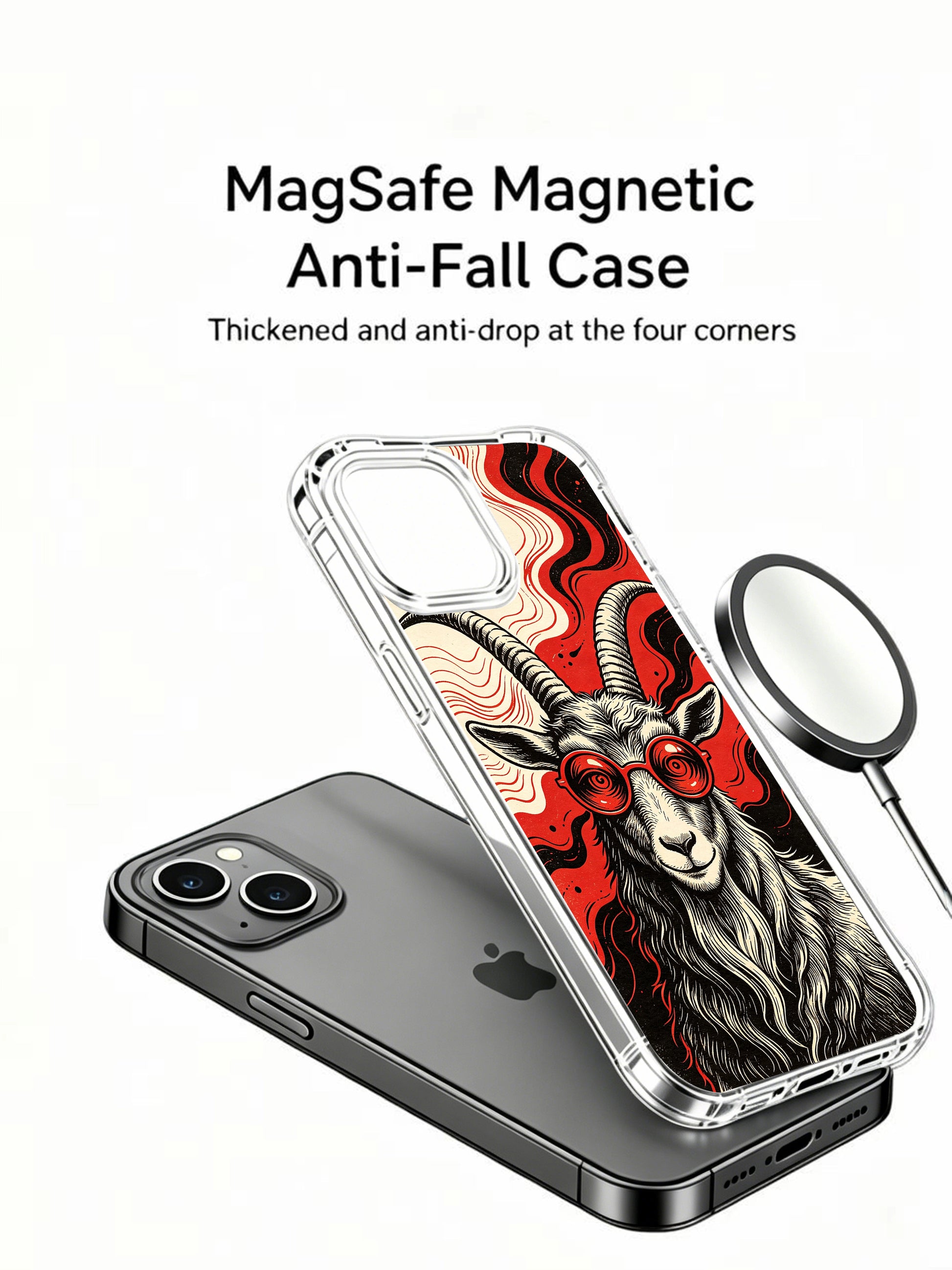 Swirling crimson wave background symbolizing inner mental frequency of Rufus Vale’s philosopher goat on PhoneCasing iPhone 13 Case, gallery-quality printed premium art case from California factory.