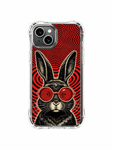 Crimson hypnotic wavy red backdrop echoing radio signal theme of antenna-eared calm black rabbit on PhoneCasing iPhone 13 Case, limited collab gallery art protective casing made in California.