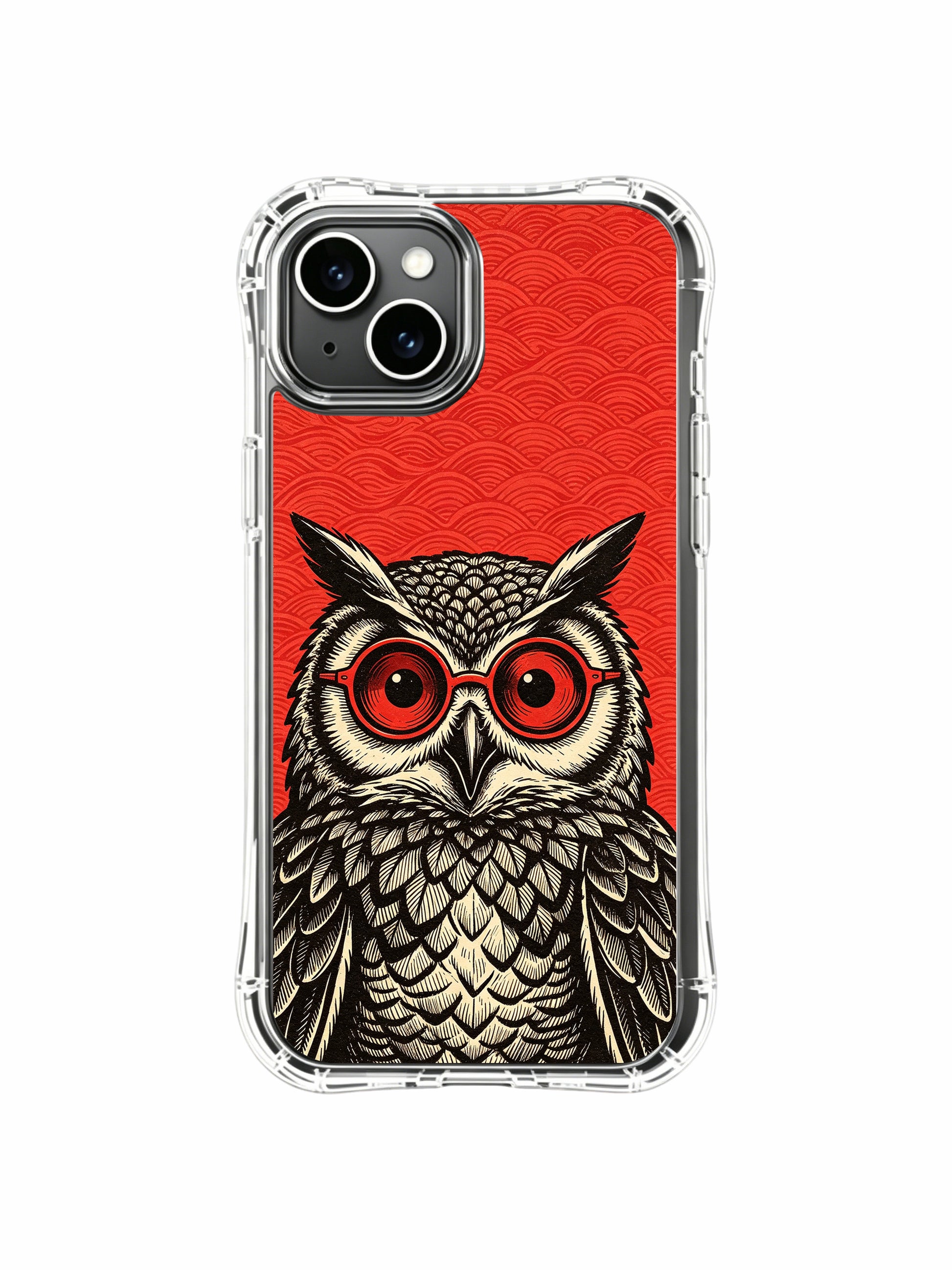 Crimson organic wavy red background echoing night & dream theme of map-feather calm owl on PhoneCasing iPhone 13 Case, limited collab gallery art protective casing made in California.