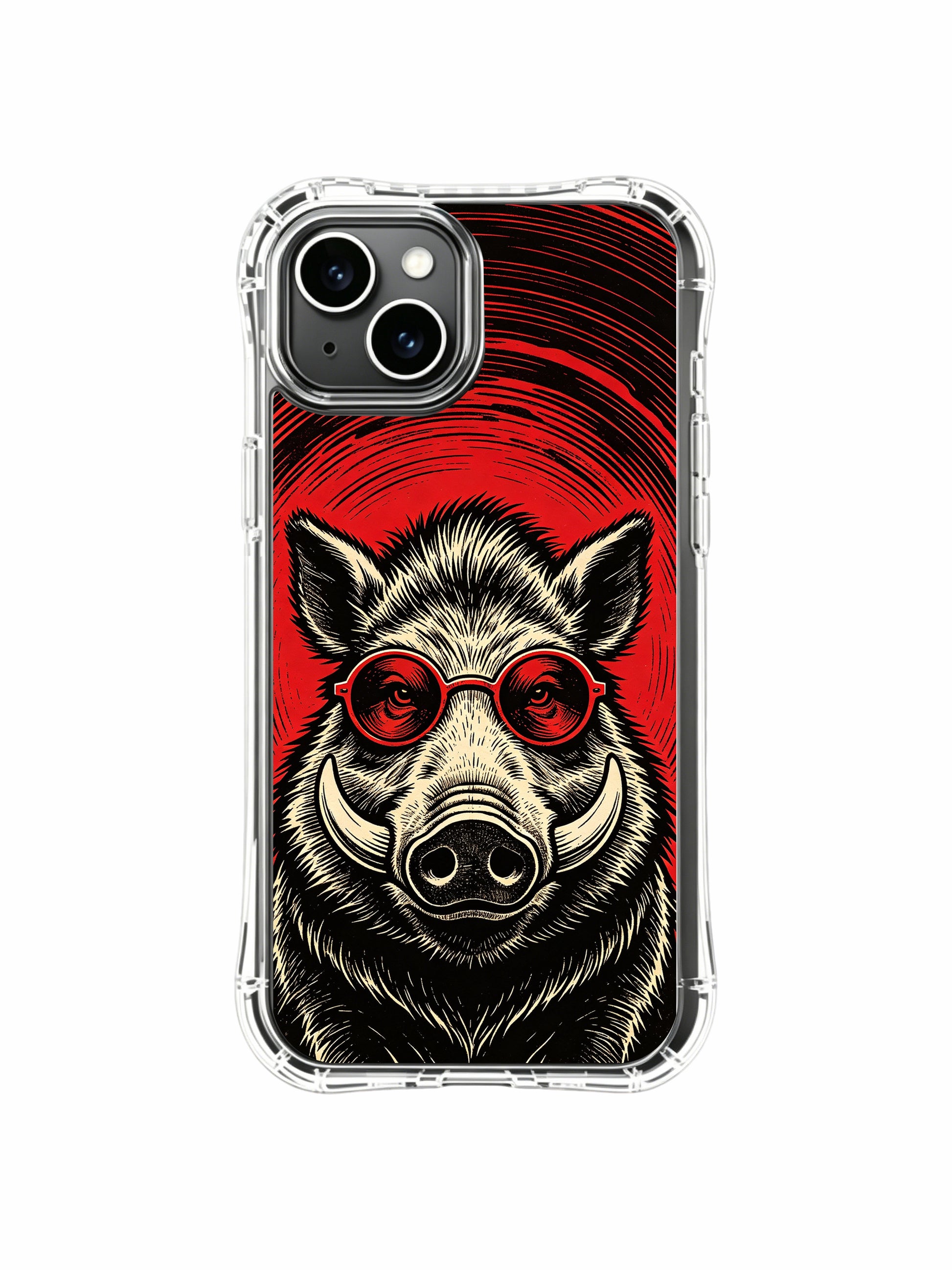 Crimson organic swirling red background echoing underground rock theme of rugged stylish boar on PhoneCasing iPhone 13 Case, limited collab gallery art protective casing made in California.