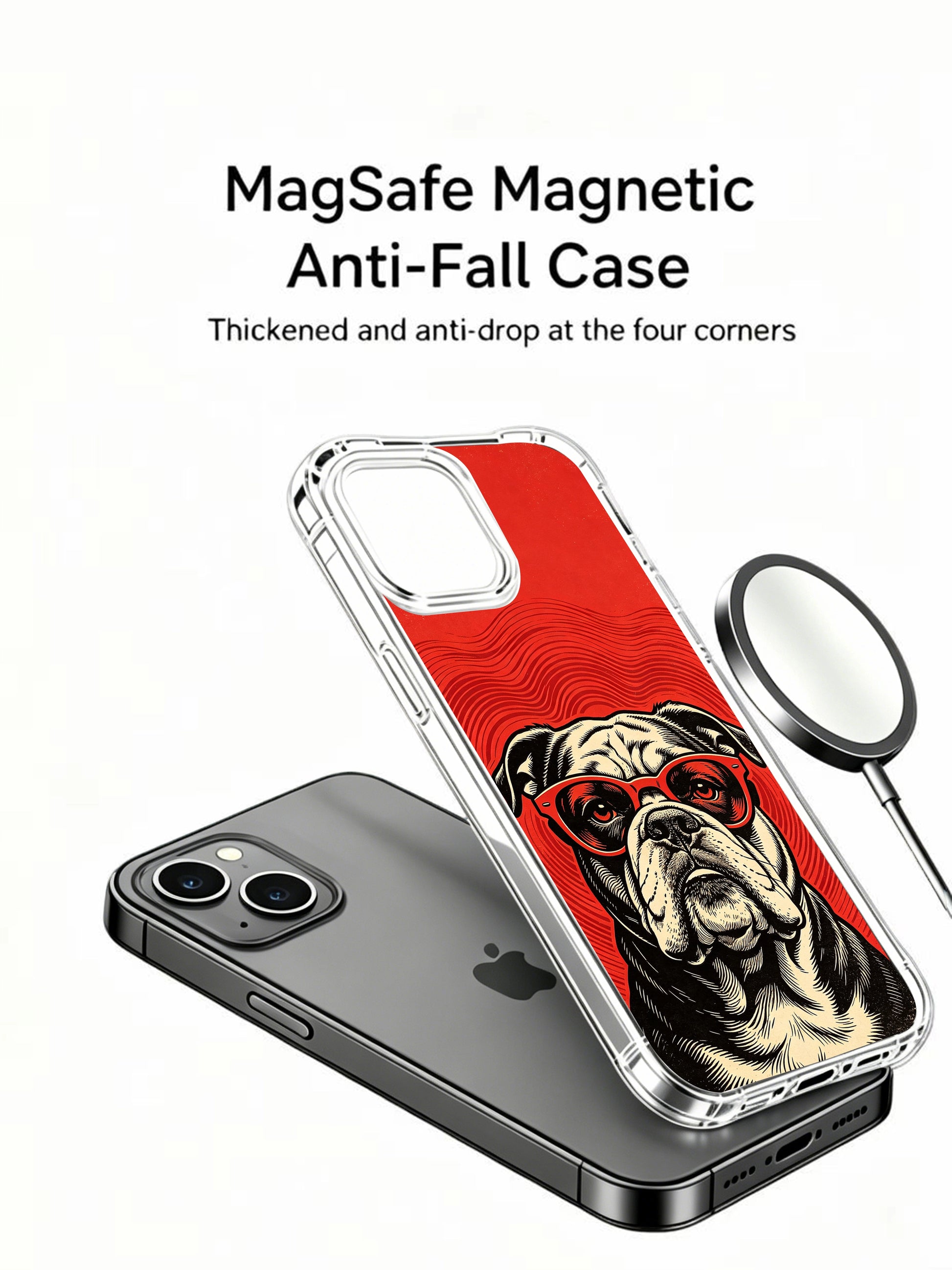 Textured crimson wavy red backdrop matching retro rock aesthetic of stoic red lens bulldog on PhoneCasing iPhone 13 Case, fade-resistant printed art phone casing from California print workshop.