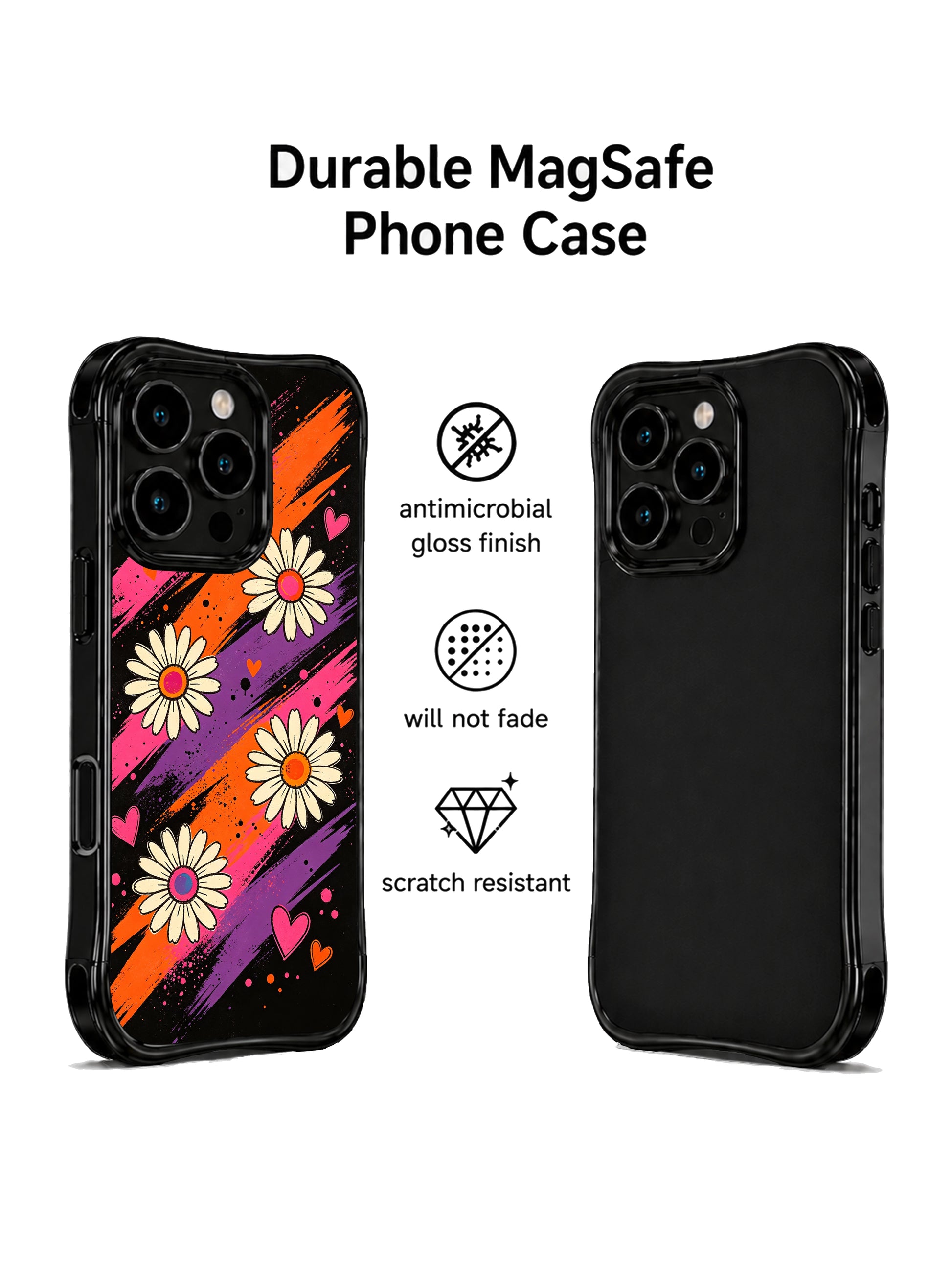 PhoneCasing iPhone 16 pro Case with tiny scattered colorful paint splatter dot accents across mint pink lime diagonal stripes, playful Ruby Daze Red Stripe Daisy Signal punk floral design, stylish women’s wavy phone casing.