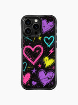 Retro 90s pop street PhoneCasing iPhone 13 Pro Max cover, Nova Heartwell grunge rebel heart doodles, pink spray paint splatters and scattered neon star lines