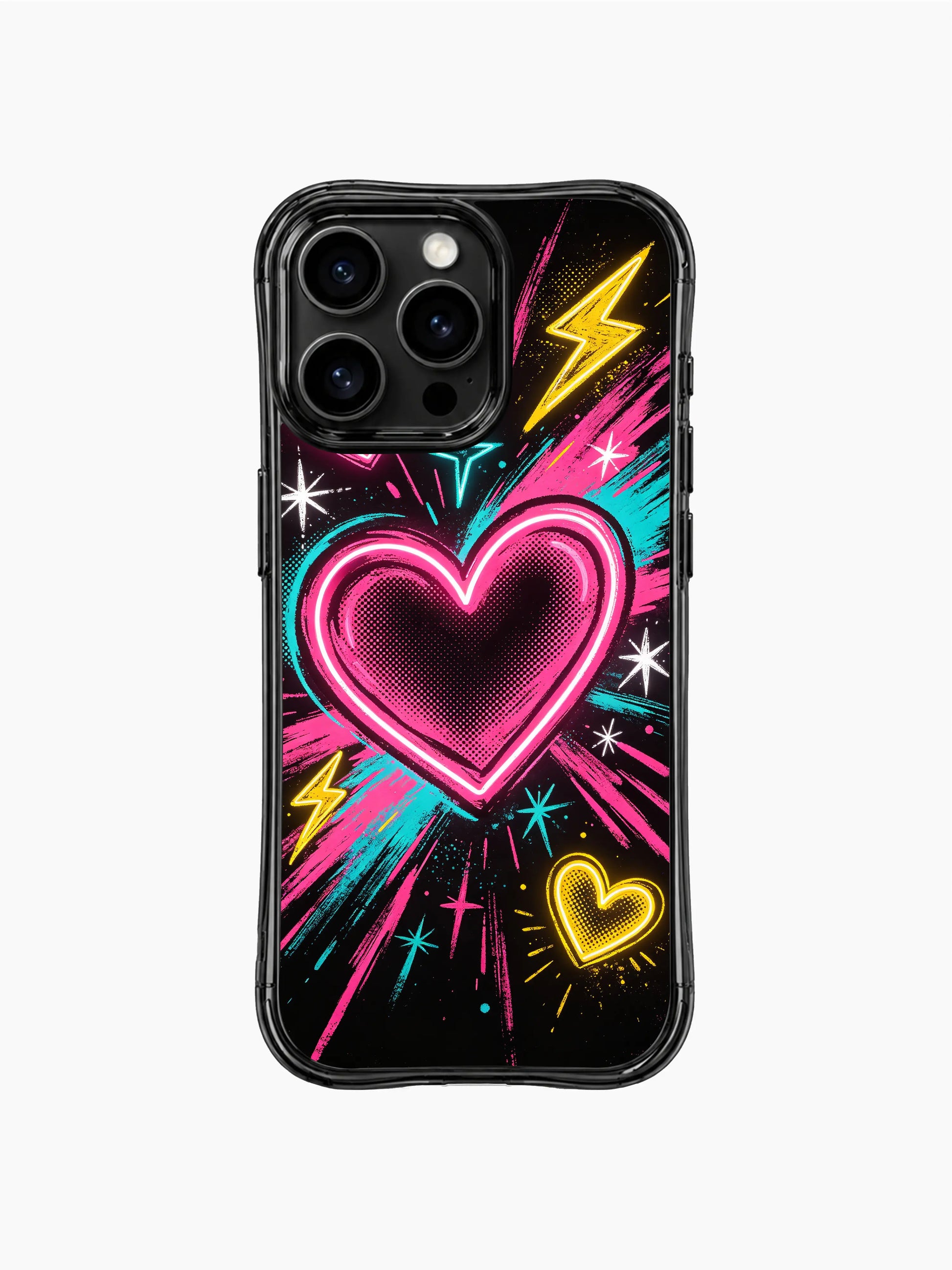 PhoneCasing iPhone 13 Pro Max case authentic 90s retro pop punk styling, glowing neon heart outlines, comic halftone dot shading, paint burst backgrounds, lightning & star spark motifs, neon street pop phone cover casing.