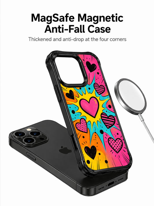 PhoneCasing iPhone 13 Pro Max case classic comic explosion speech bubble shapes, dual texture hearts with horizontal stripes and black polka dot halftone, vibrant neon contrast palette, loud fun street pop art phone casing.