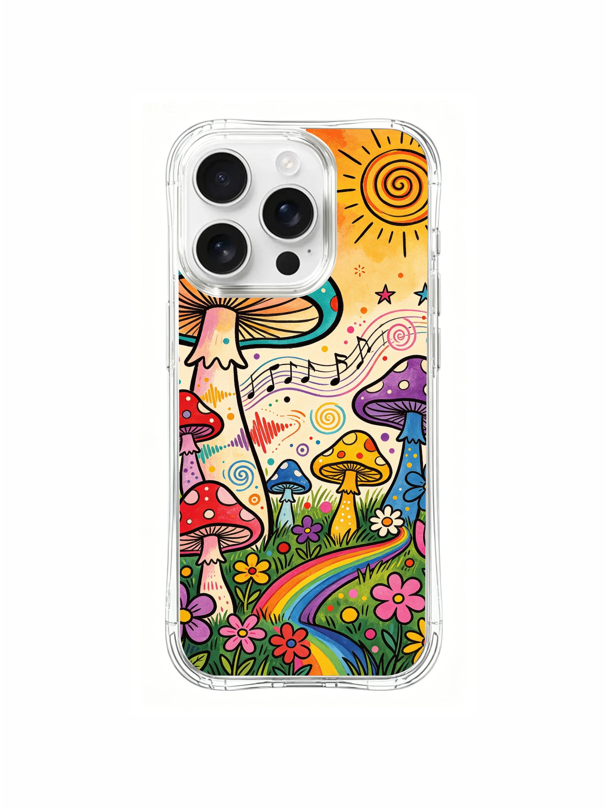 PhoneCasing iPhone 16 pro max Case, retro textured bespoke casing with whimsical musical woodland scenery, each spotted mushroom generates unique tone, saturated rainbow palette & hand-drawn swirl details, non-fade high-definition California-produced wearable casing.
