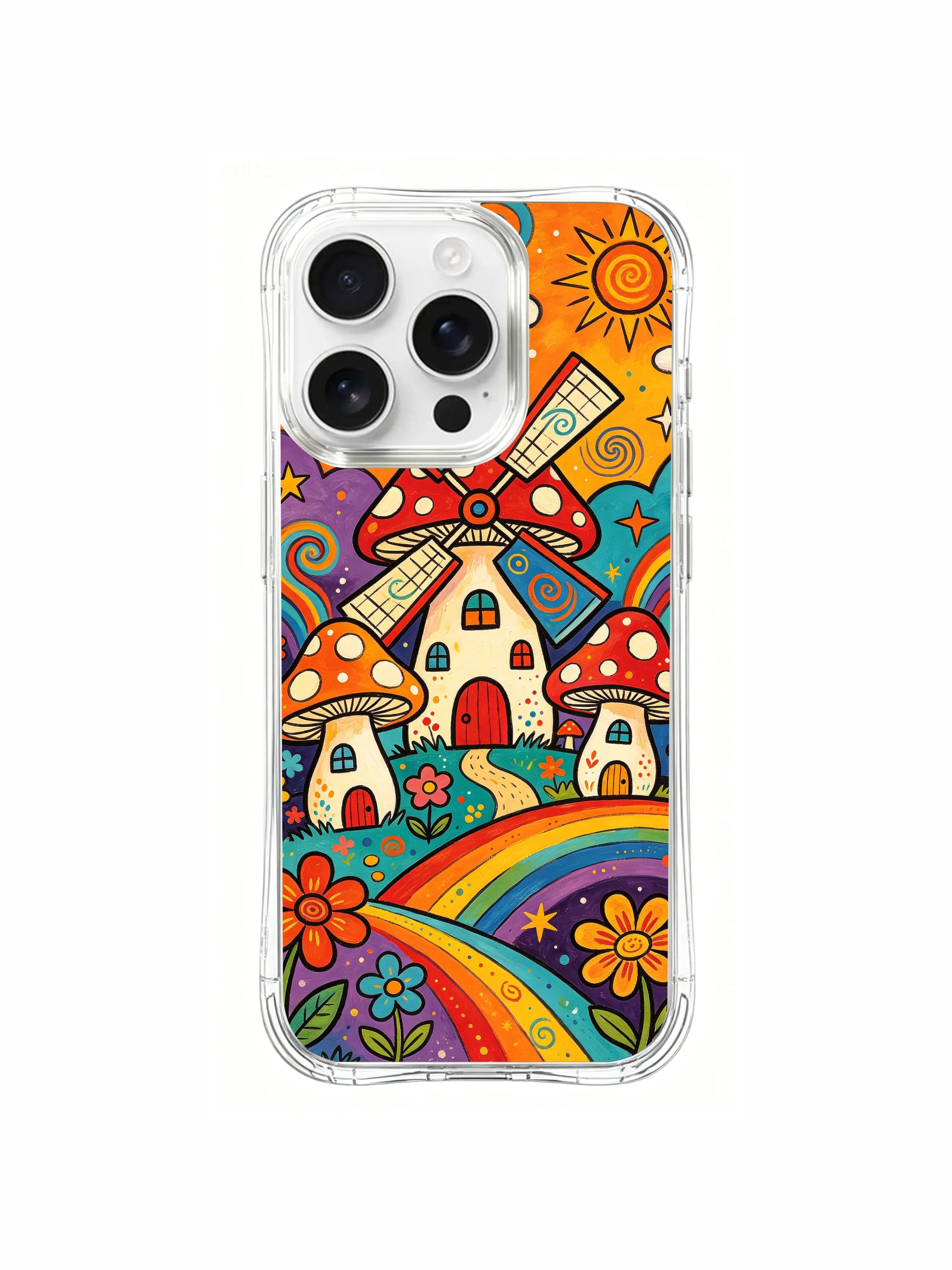 PhoneCasing iPhone 16 pro max Case, retro textured bespoke casing featuring dreamy countryside mushroom windmill village design, each spotted mushroom’s cap patterned with whimsical spirals that mimic spinning wind, saturated vintage pigment & hand-drawn swirl detailing, non-fade HD California-produced wearable casing.