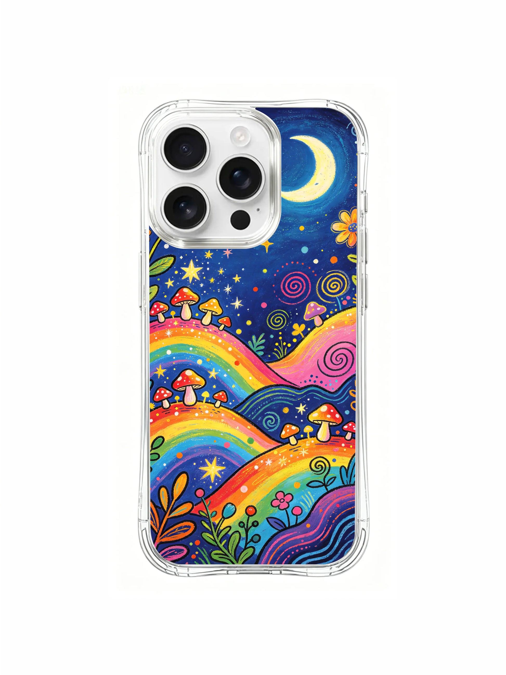 PhoneCasing iPhone 16 pro max Case, retro textured bespoke casing featuring dreamy countryside star collector mushroom landscape, each spotted cap nestled beside fallen harvest stars, vintage saturated crayon pigment & hand-drawn spiral detailing, non-fade HD California-produced wearable casing.