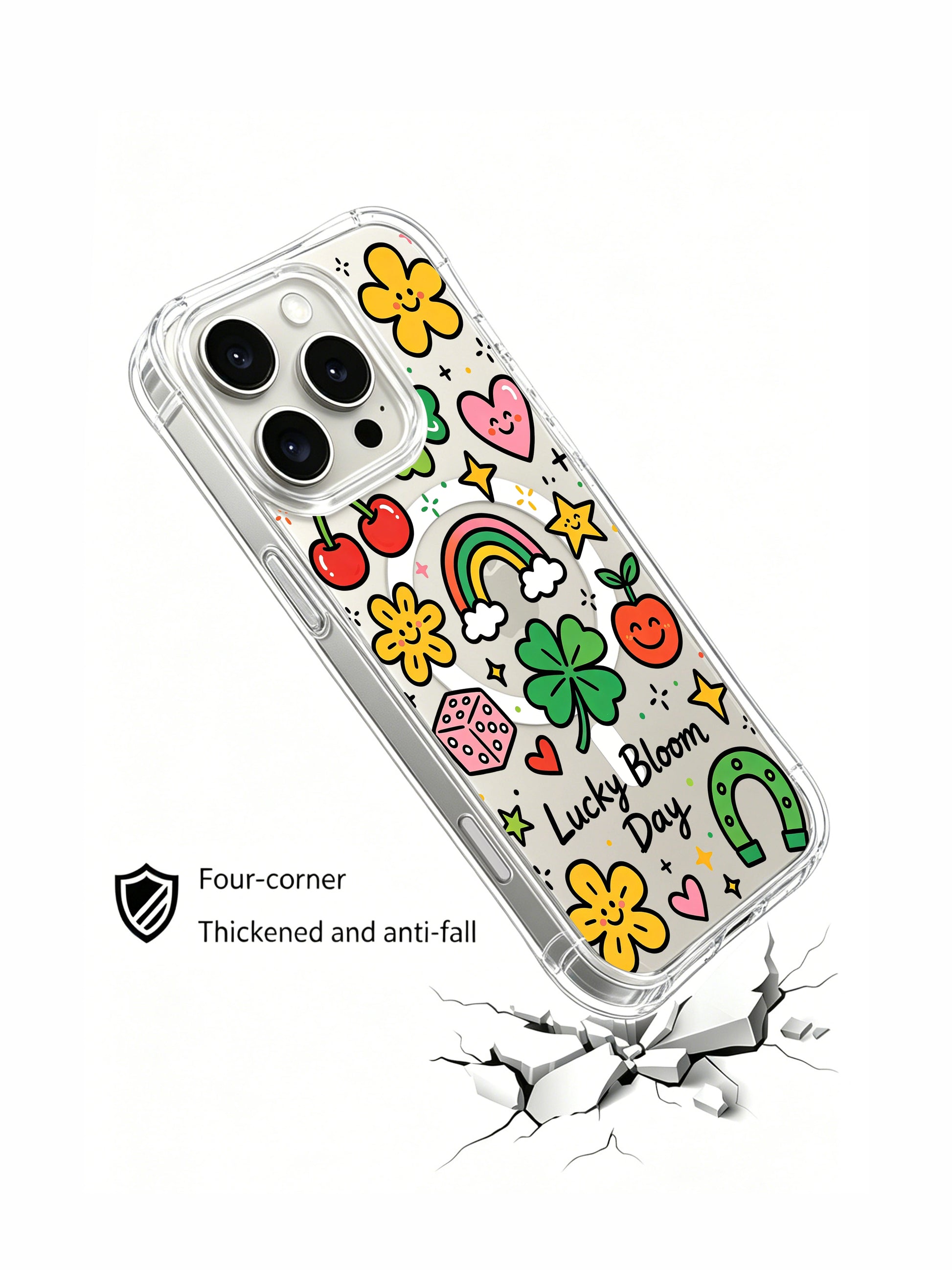 PhoneCasing iPhone 16 pro max protective MagSafe case with retro dice and smiling flower doodles, part of the Lucky Bloom Day series.