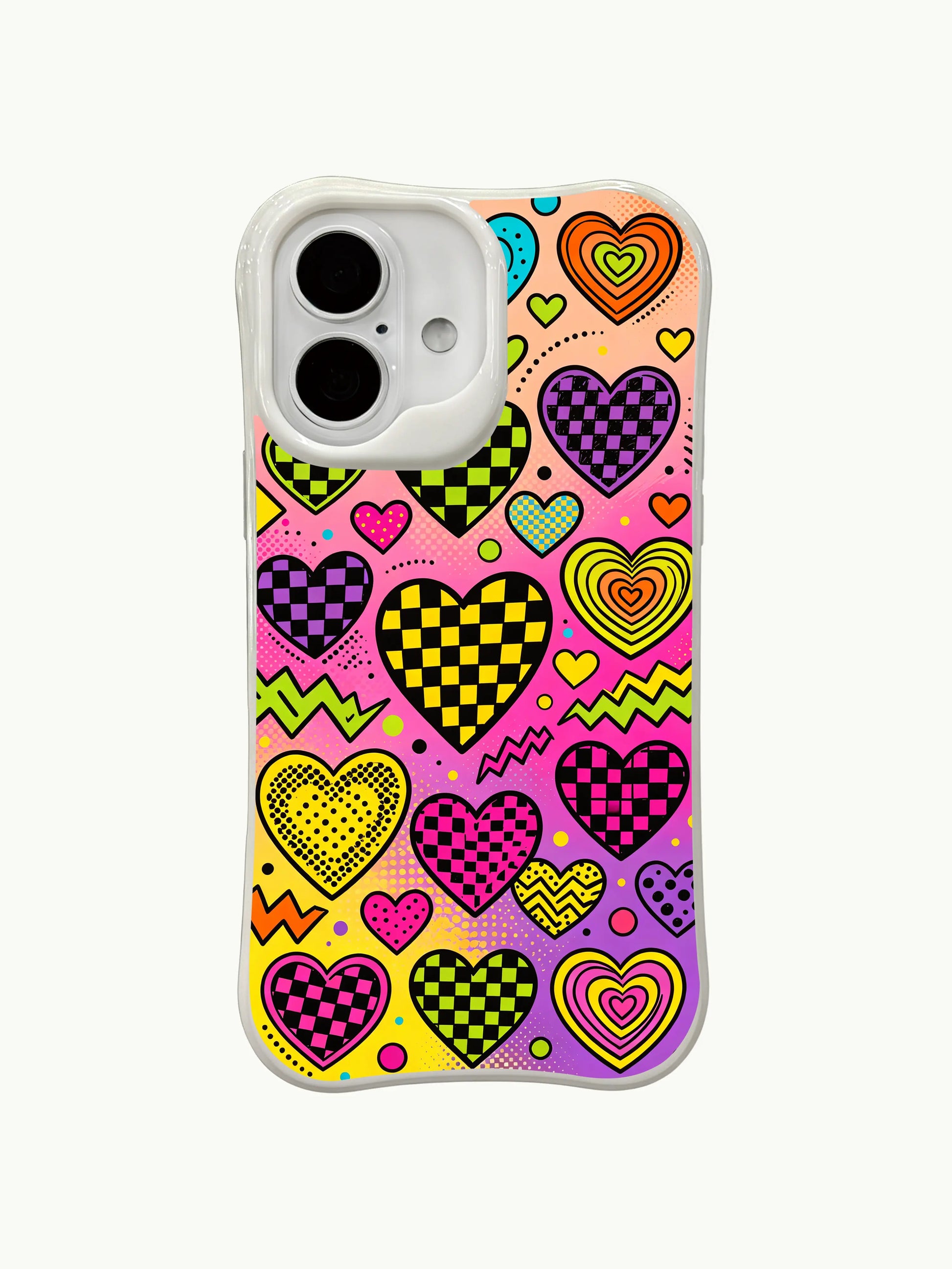 PhoneCasing Retro Doodle Hearts Case for iPhone 16 Plus, a playful iPhone 16 plus casing with neon pink and green hearts and abstract accents.