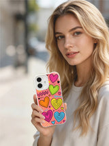 Retro Doodle Hearts artwork on an iPhone 16 Plus case