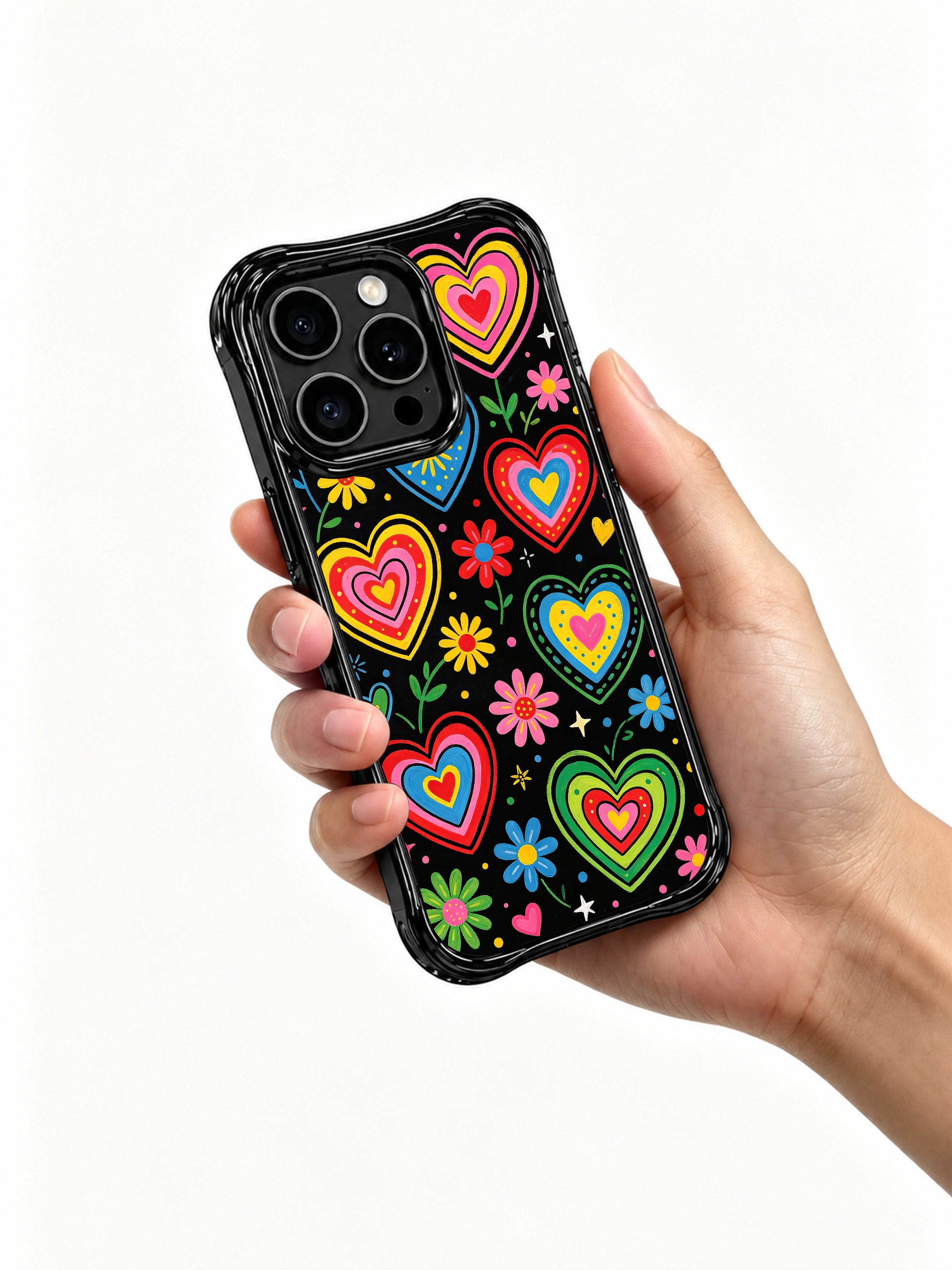 Vibrant PhoneCasing iPhone 13 Pro Max casing for teen girls, repeating midnight bloom heart floral doodle print, saturated neon rainbow heart outlines, retro cartoon night aesthetic