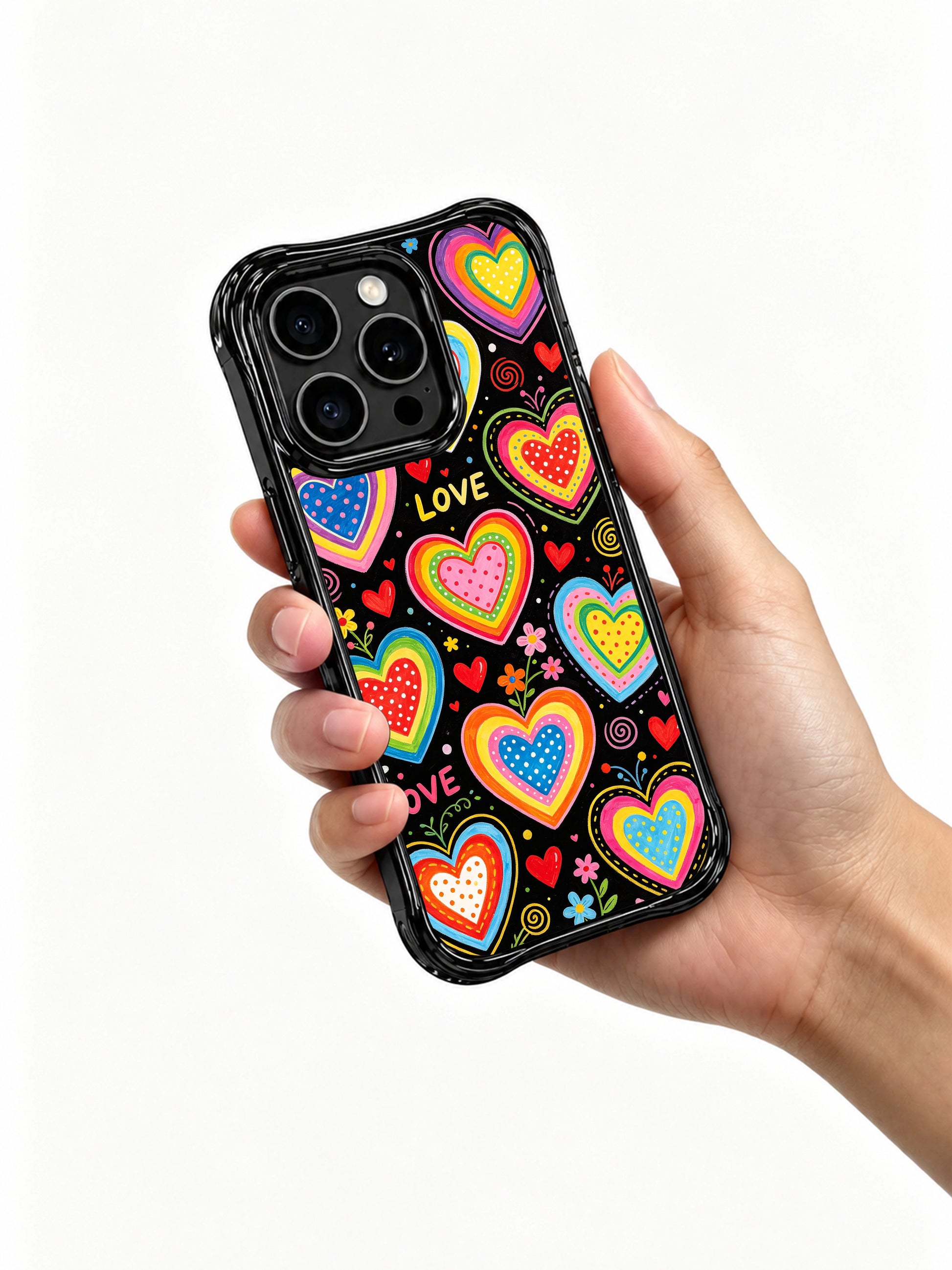 Vibrant PhoneCasing iPhone 13 Pro Max casing for teen girls, repeating candy shop rainbow heart doodle print, multi pastel stripe & dot texture, retro cartoon everyday aesthetic