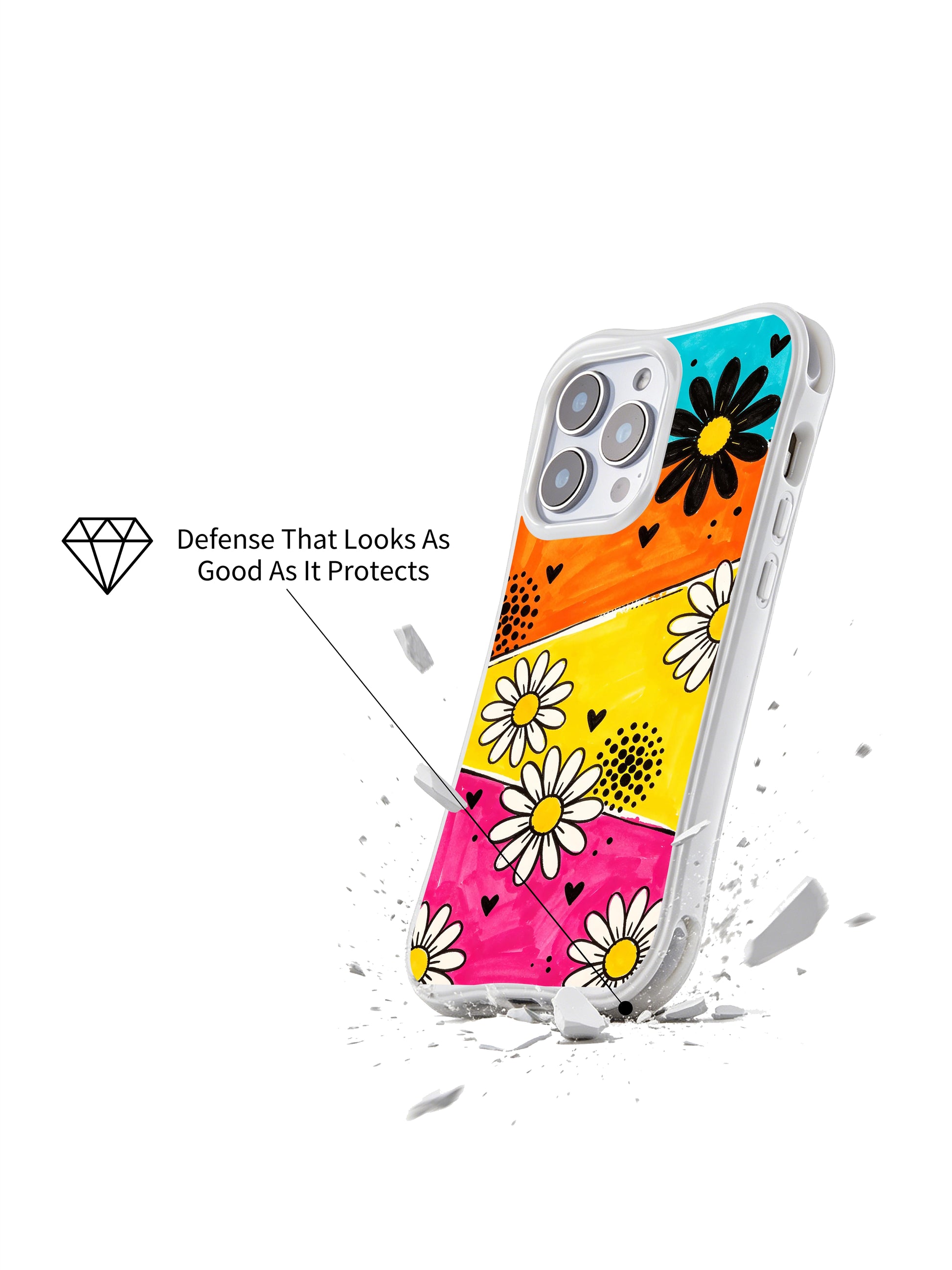 PhoneCasing iPhone 16 pro Case with lively street carnival diagonal color block daisy heart dot graphics blending overflowing vibrant joy and bold black graphic punch, Ruby Daze expressive energetic pop art, California made wavy white phone cover.